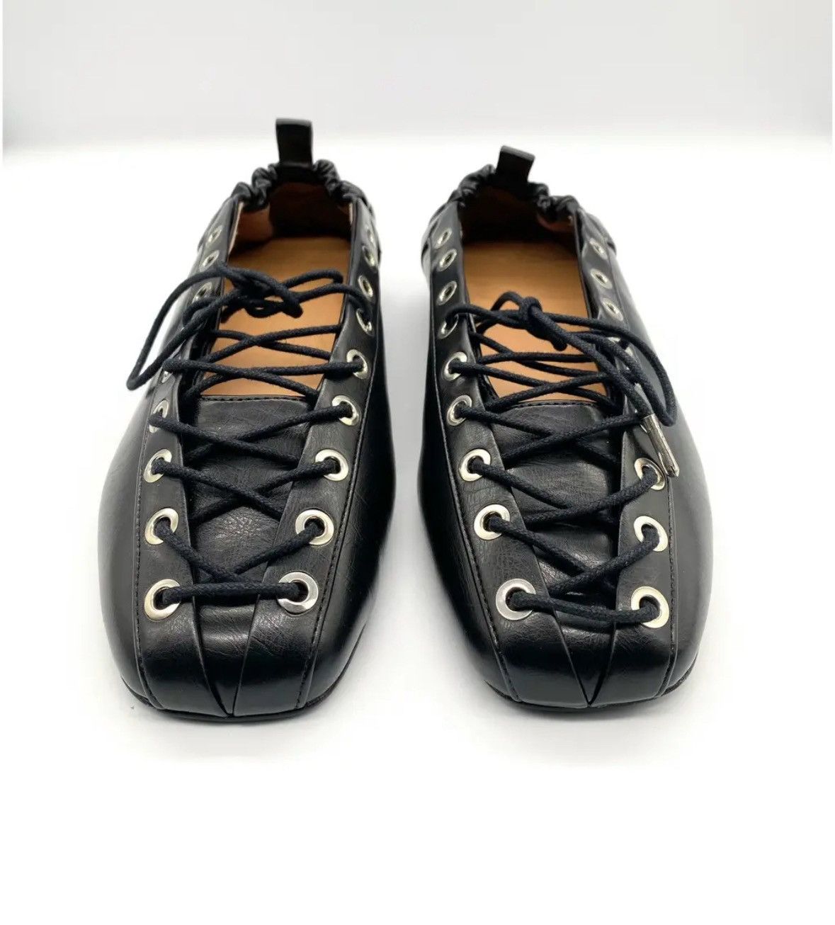 Ganni GANNI Black Leather Lace-Up Ballet Flats with Silver Eyelets Size US 9 / IT 39 - 2 Thumbnail