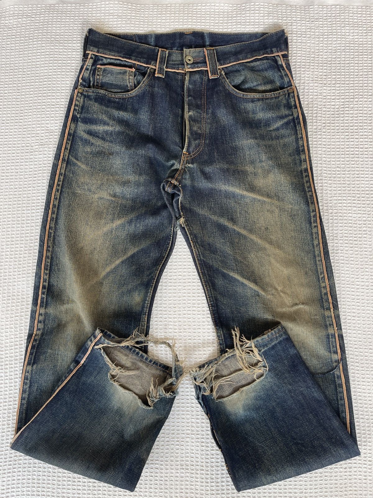 Nepenthes VINTAGE90s🔥HOGGS NEPENTHES NEEDLES🔥Thrashed Selvedge Jeans Size US 32 / EU 48 - 1 Thumbnail