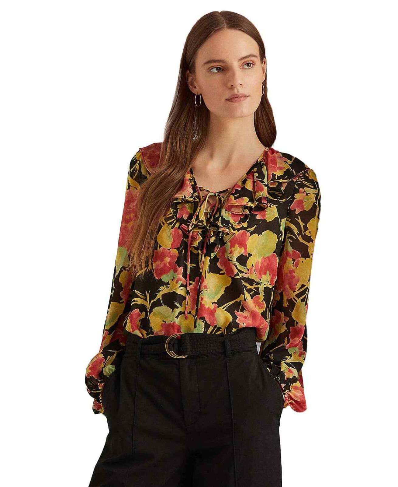 Lauren Ralph Lauren Lauren Ralph Lauren Black Floral Crinkle Georgette Blouse S Size S / US 4 / IT 40 - 1 Thumbnail