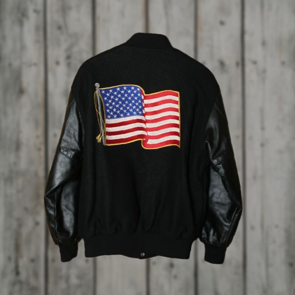Vintage INTERSTATE Bomber Jacket Wool Blend Leather USA Flag Embroidered Sz M (Fits L) Mens Jacket Black Size US M / EU 48-50 / 2 - 1 Thumbnail