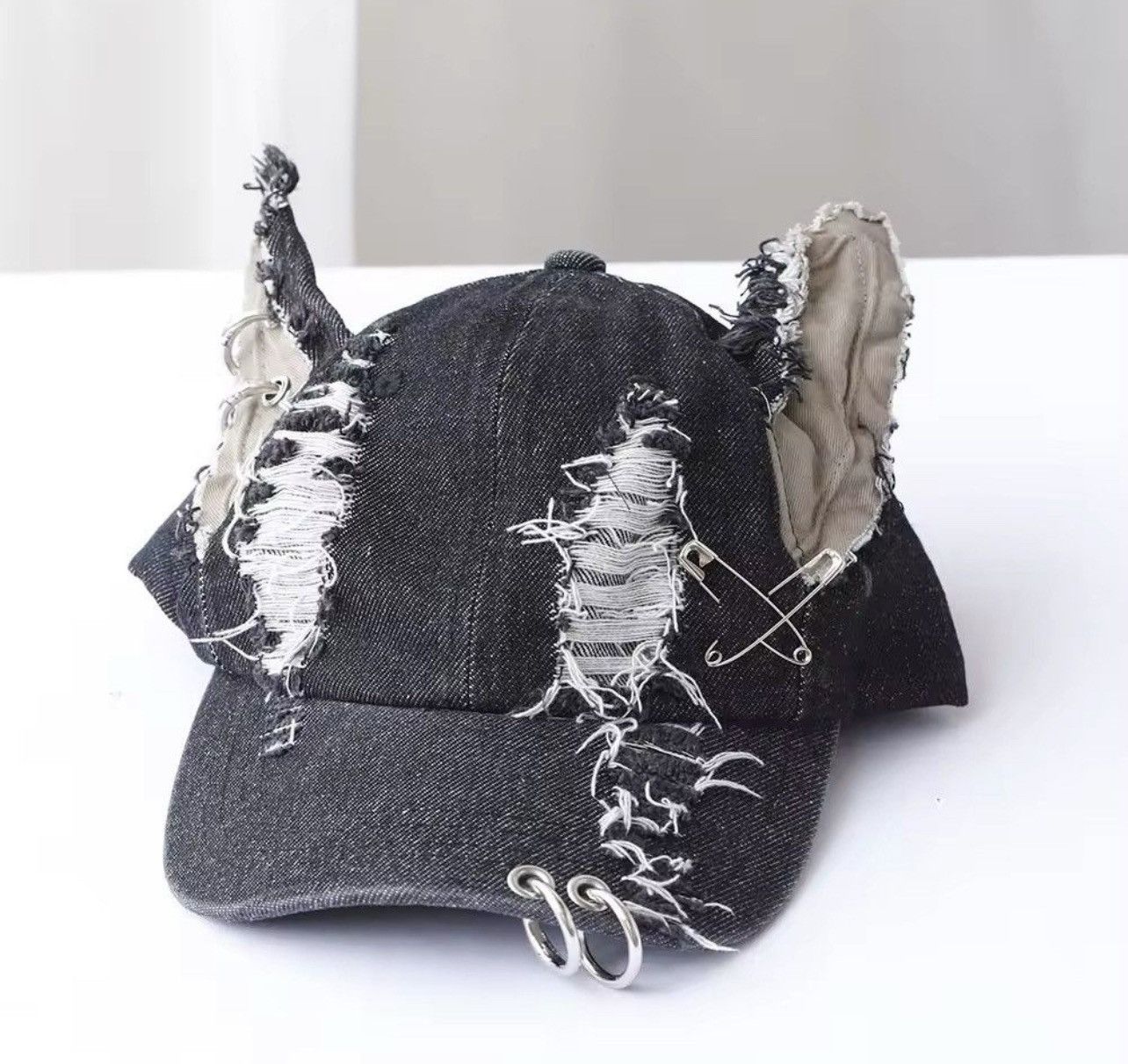 Japanese Brand Rabbit Ears Metal Ring Ripped Denim Baseball Cap Size ONE SIZE - 2 Thumbnail