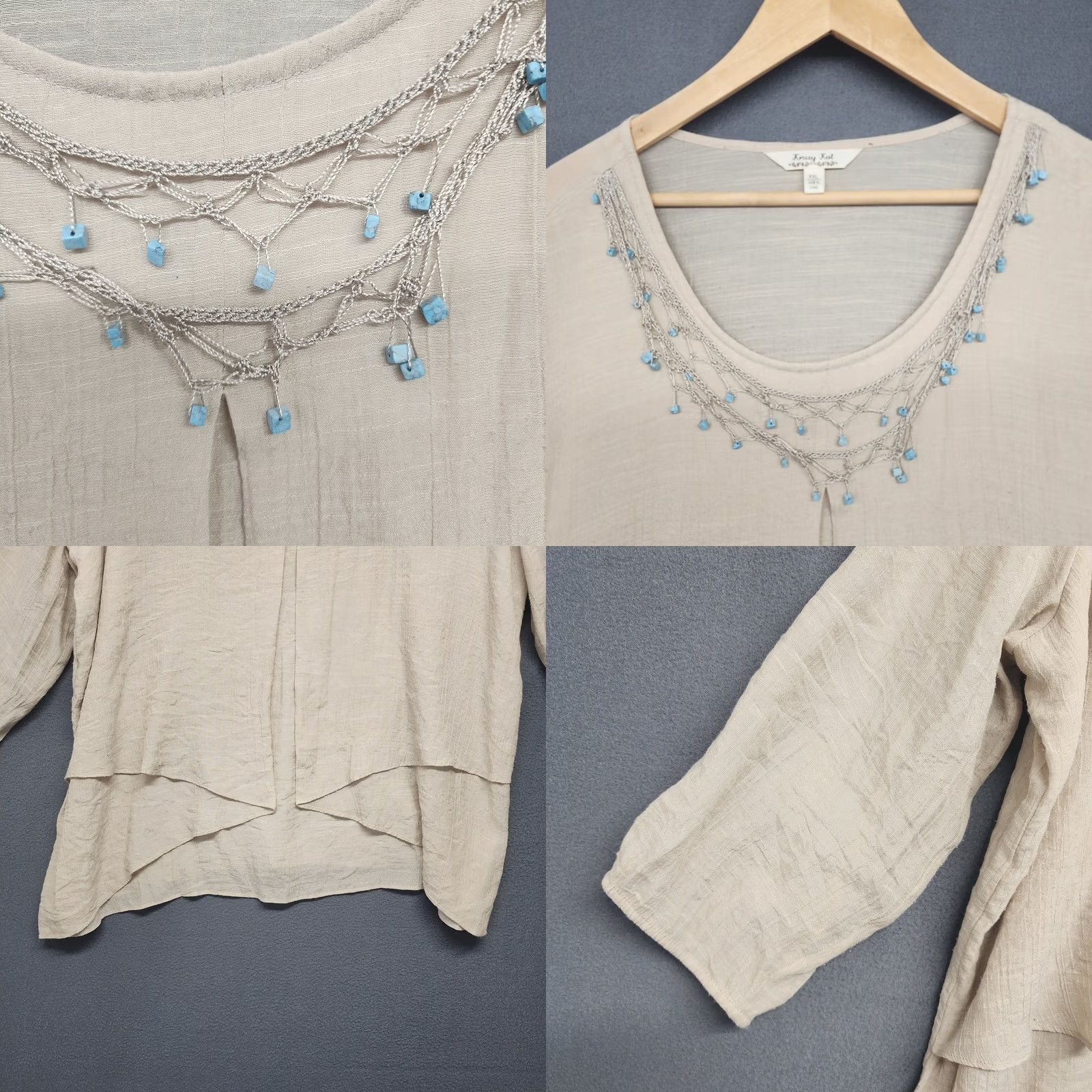 Vintage Krazy Kat Blouse Womens TOP XXL Beige Scoop Beaded Neckline Lagenlook Boho 3/4 Sleeve Tunic Size XXL / US 16-18 / IT 52-54 - 8 Thumbnail