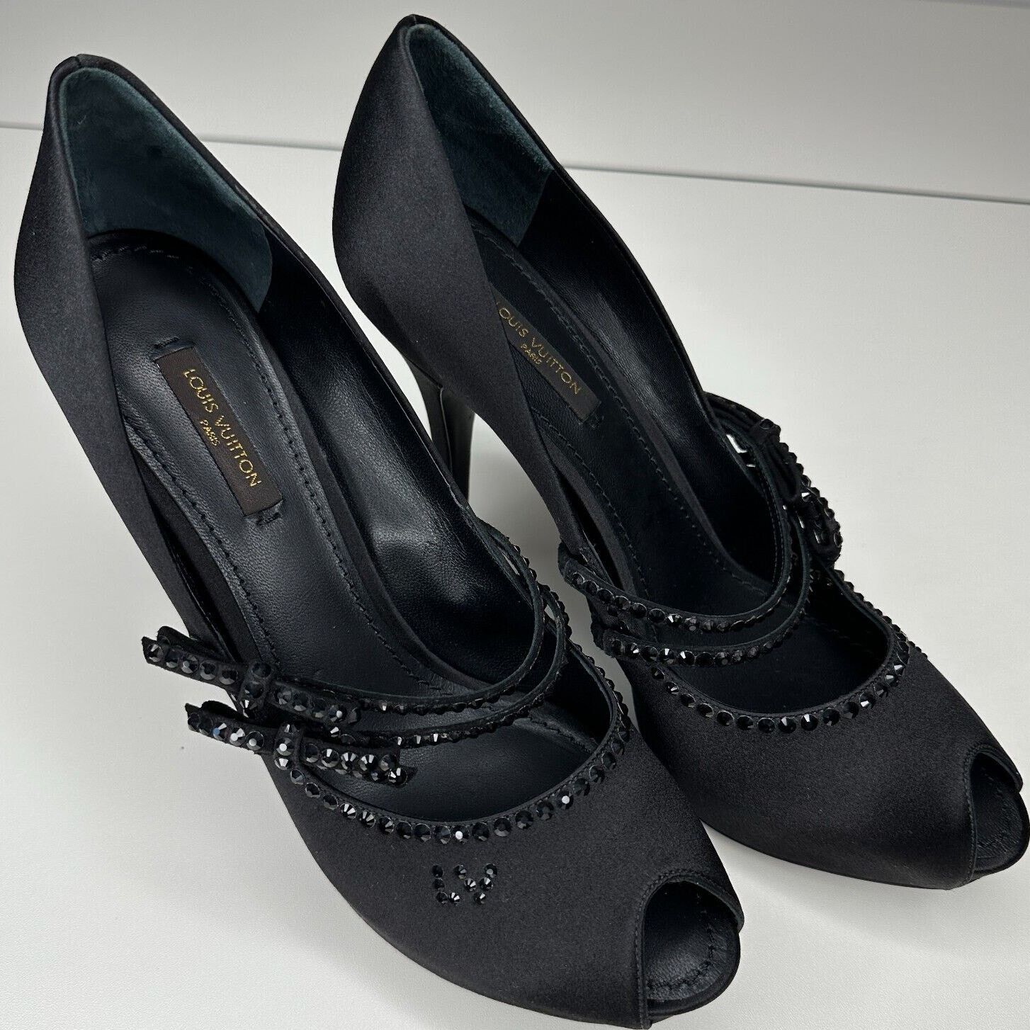 Louis Vuitton Louis Vuitton Black Satin Open Toe Crystal Strap Pumps 37.5 Size US 7 / IT 37 - 13 Thumbnail
