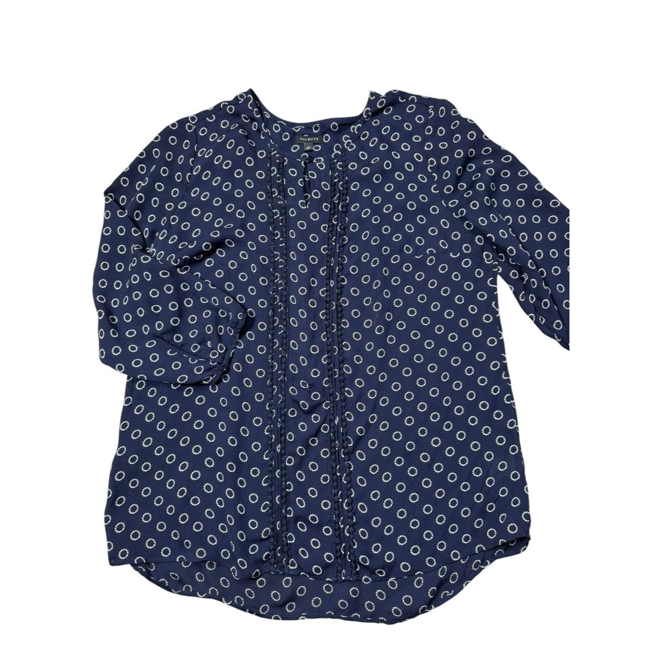 Talbots Talbots 100% Silk Navy and White Geometric Print 3/4 Sleeve Size L / US 10 / IT 46 - 2 Thumbnail