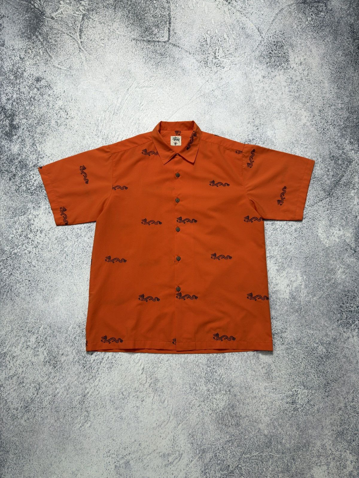 Stussy 🔥VINTAGE Y2K STUSSY DRAGON ORANGE BUTTON UP SHIRT Size US XL / EU 56 / 4 - 1 Thumbnail