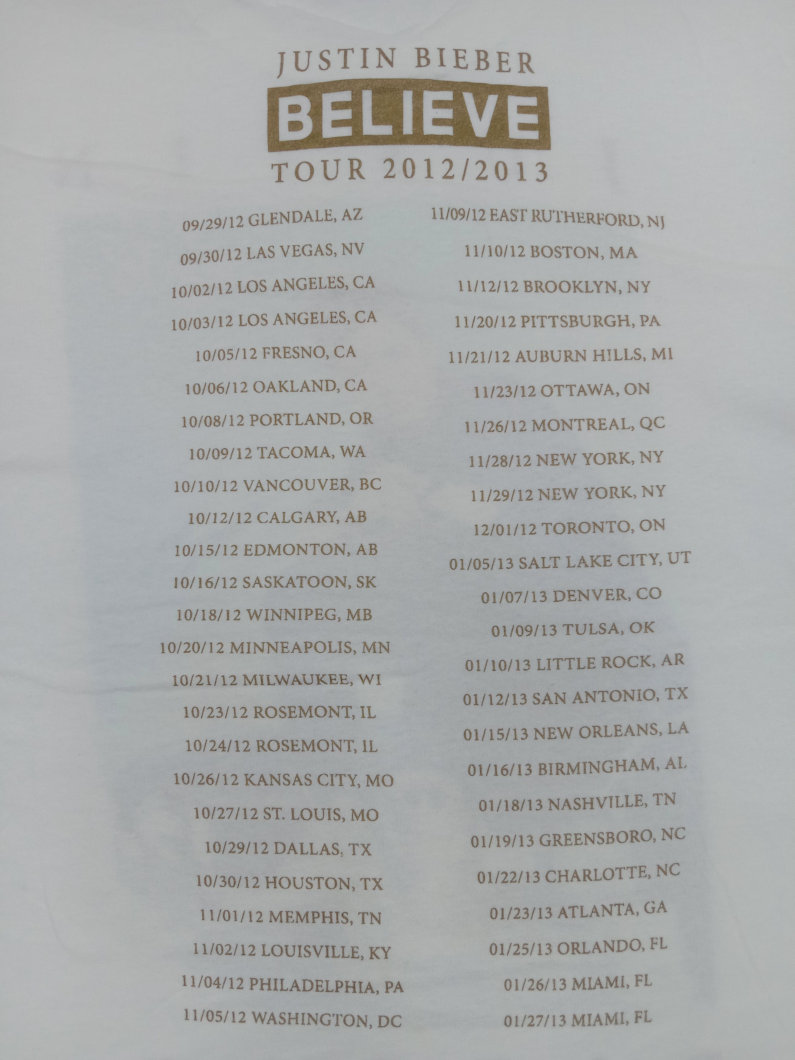 Justin Bieber Justin Bieber Believe Tour 2012/2013 T Shirt Size US L / EU 52-54 / 3 - 6 Thumbnail