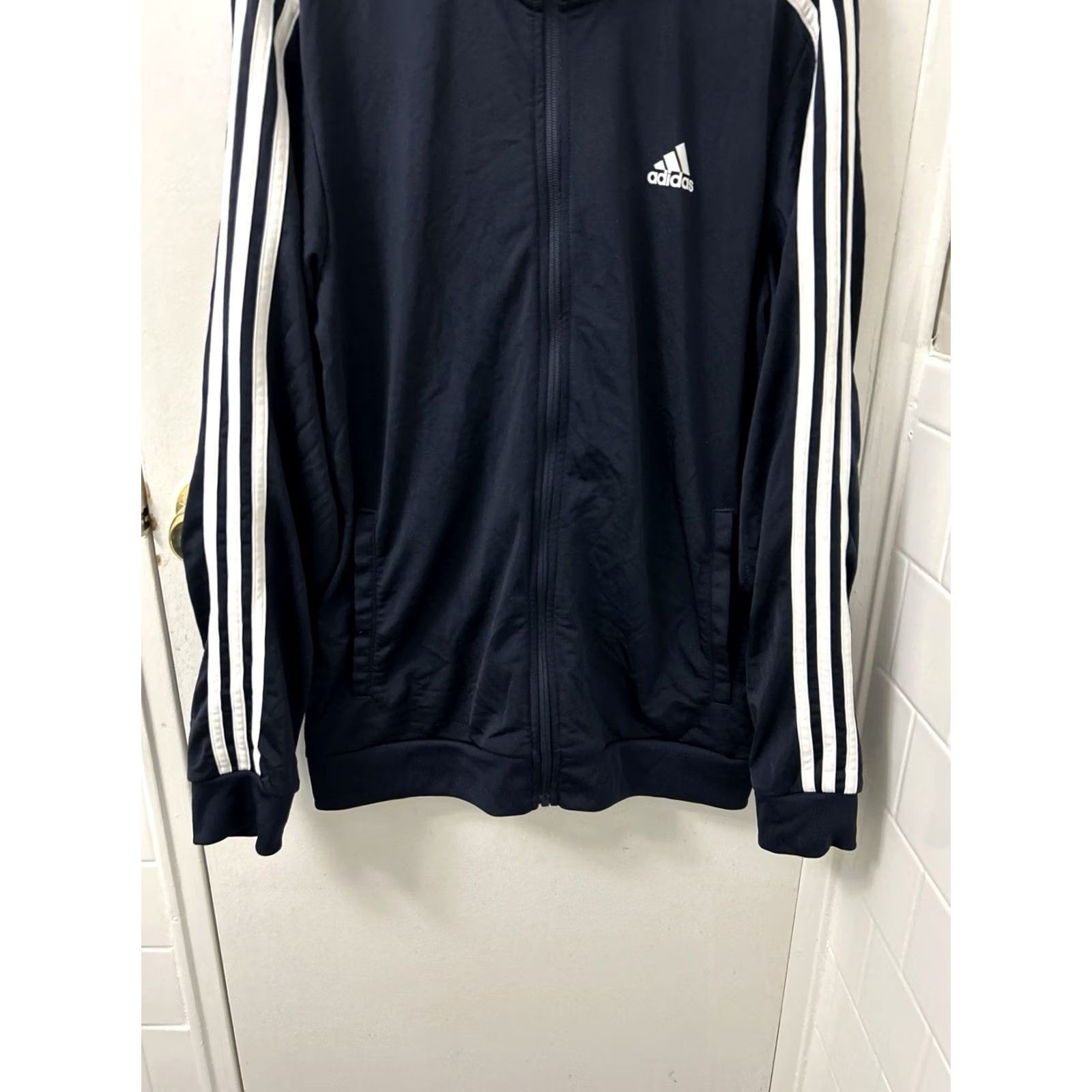 Adidas Adidas Track Jacket Mens M Navy Blue Primegreen Full Zip White Stripes Shirt Size US M / EU 48-50 / 2 - 3 Thumbnail