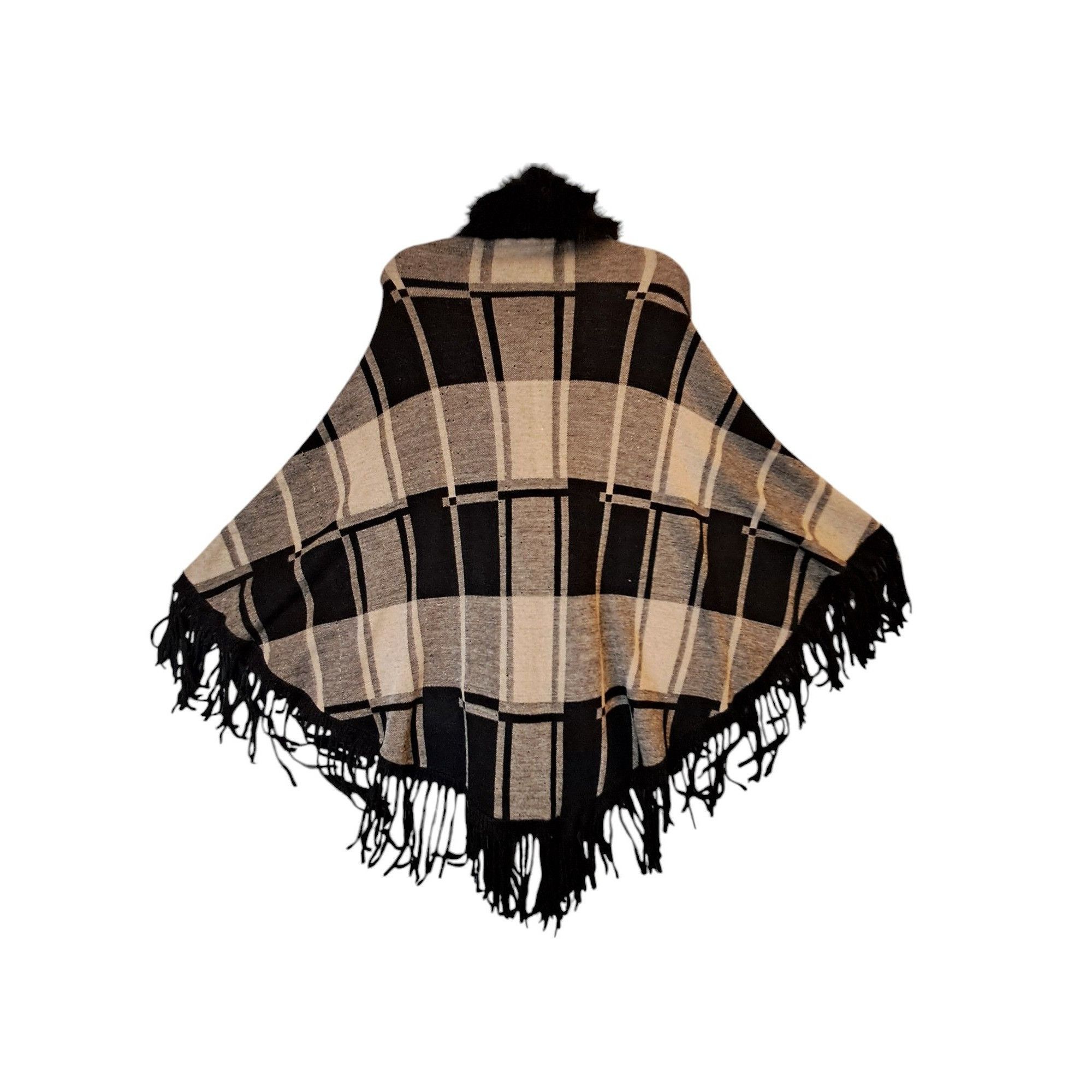 Other Shawl Black Tan Plaid Faux Fur Trimmed Fringe Wrap Size ONE SIZE - 2 Thumbnail