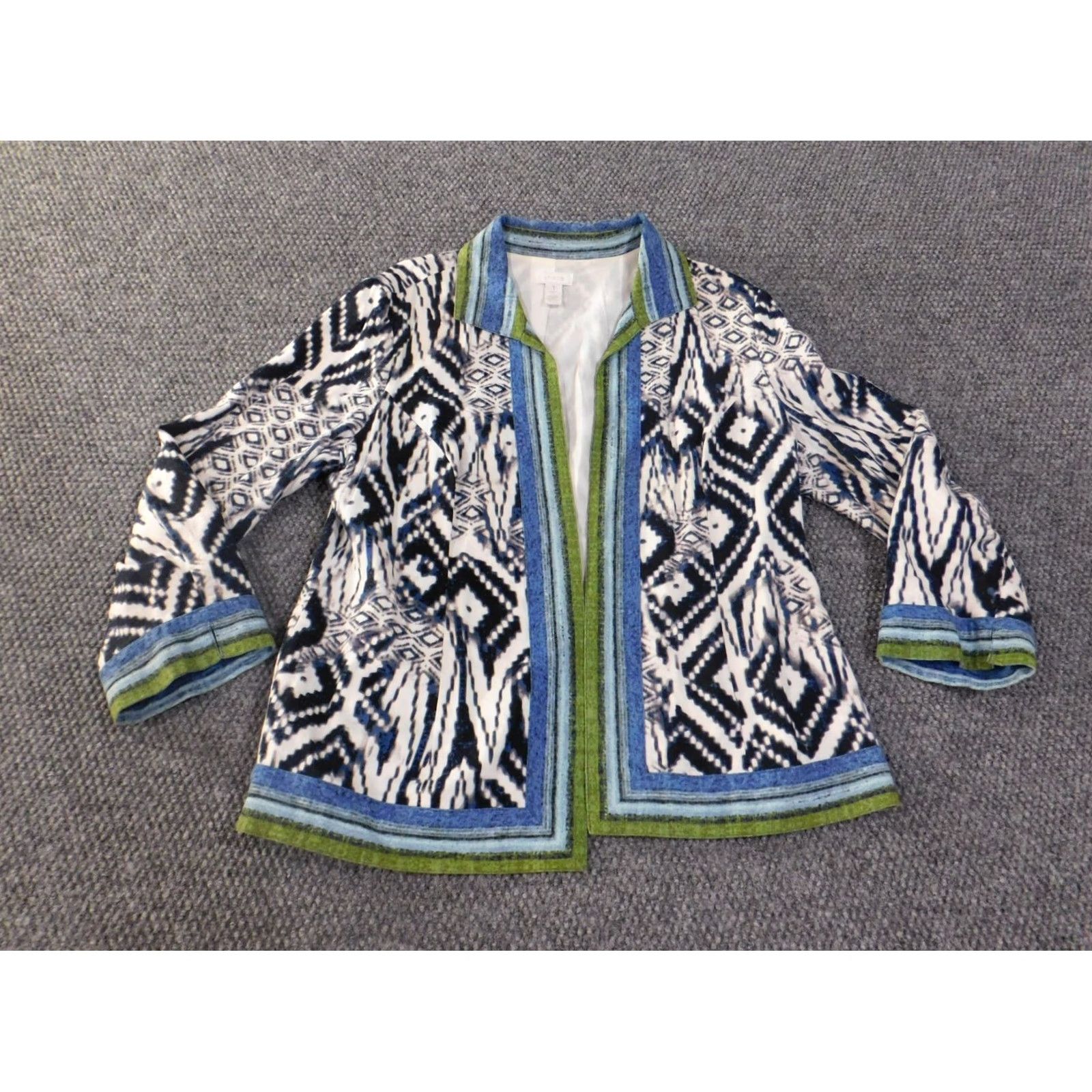 Vintage Chicos Blouse Shirt Womens Blue Geometric Linen Rayon Open Shawl Collar Casual Designer Top Size 1 Regular Vintage No Buttons Size XS / US 0-2 / IT 36-38 - 2 Thumbnail