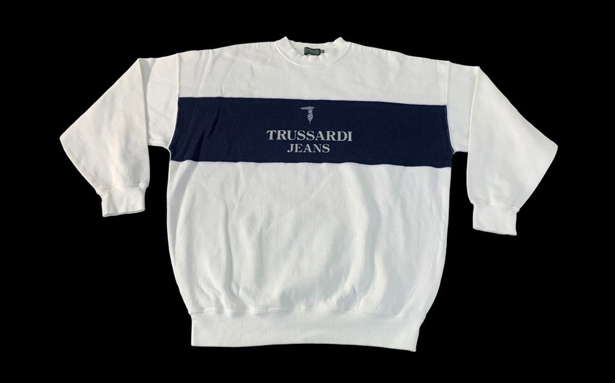 image of 90's Trussardi Jeans Crewneck Sweatshirt Black Block Design in White, Men's (Size Large)
