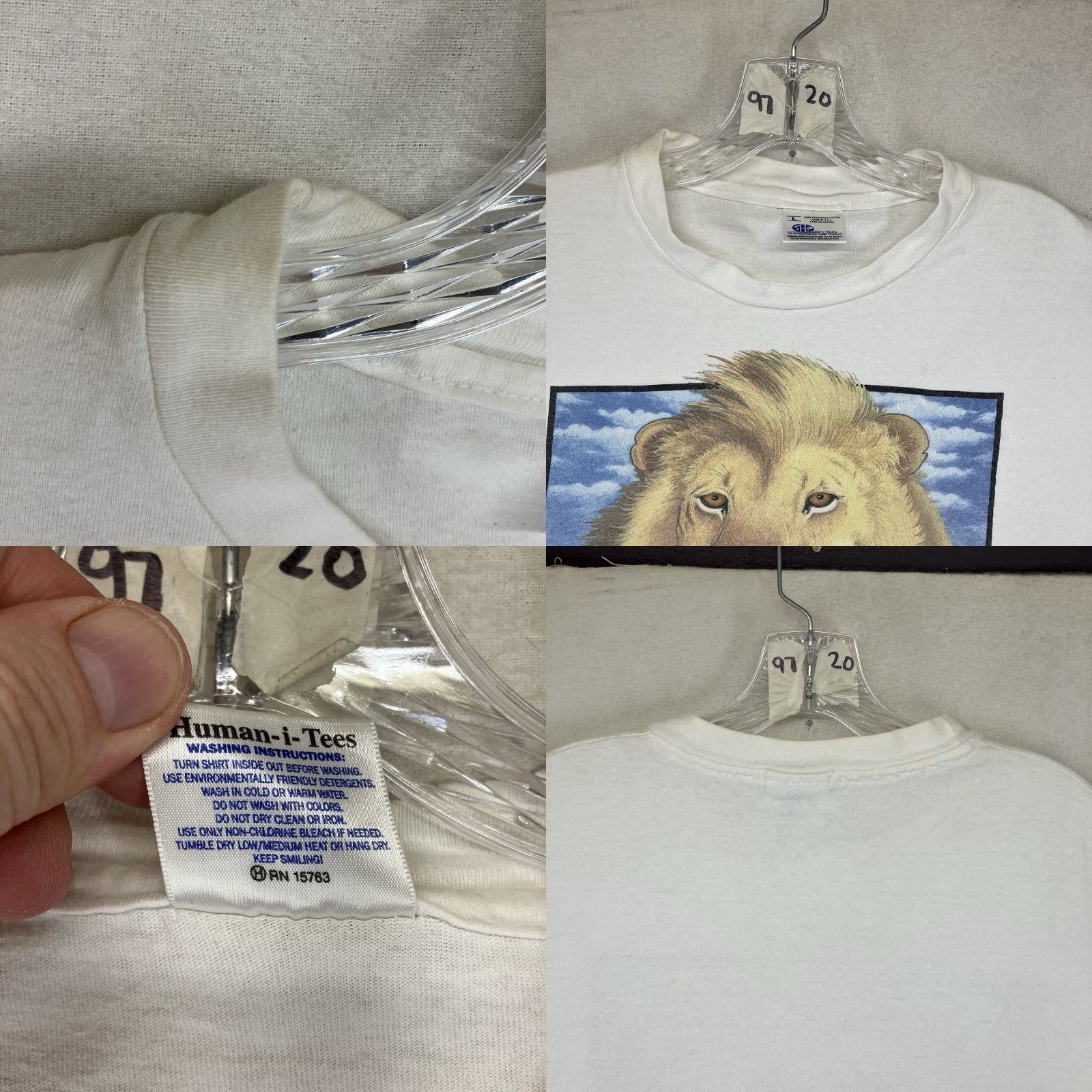 Anvil VINTAGE Lion Portrait Shirt Mens L White 90s Anvil HUMAN I TEE Single Stitch Crew Neck Short Sleeve Cotton Logo T-Shirt Size US L / EU 52-54 / 3 - 9 Thumbnail