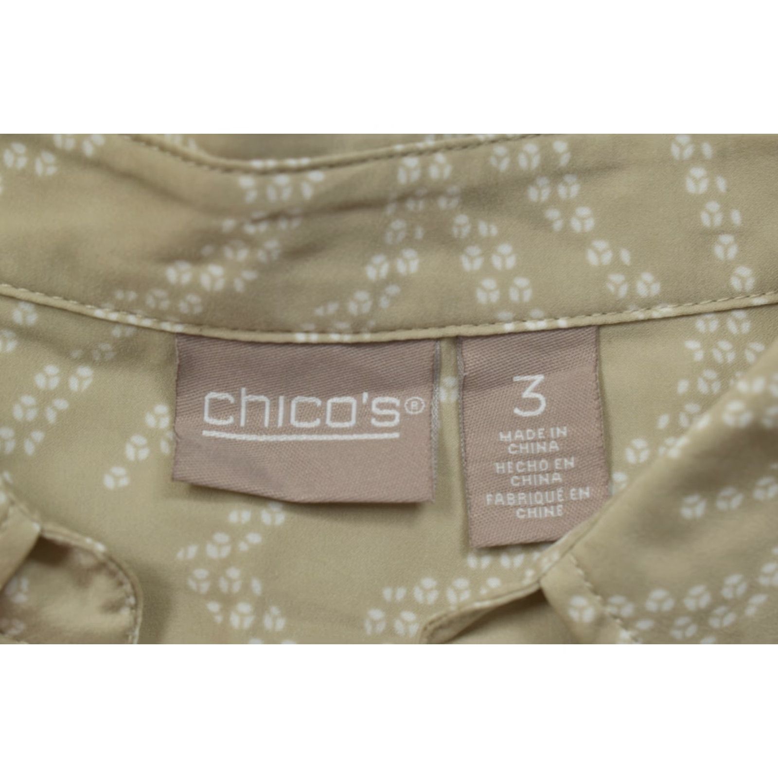Vintage Chico's Shirt Button-Up Geometric Print Long Sleeve Polyester Women Size 3 Tan Brown Casual Spring Summer Fall Regular Size XS / US 0-2 / IT 36-38 - 7 Thumbnail