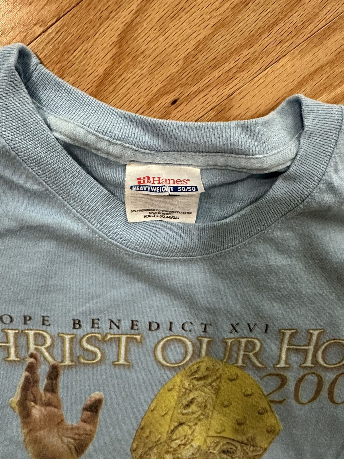 Hanes × Vintage Baby Blue Pope Benedict XVI T Shirt Size US L / EU 52-54 / 3 - 3 Thumbnail