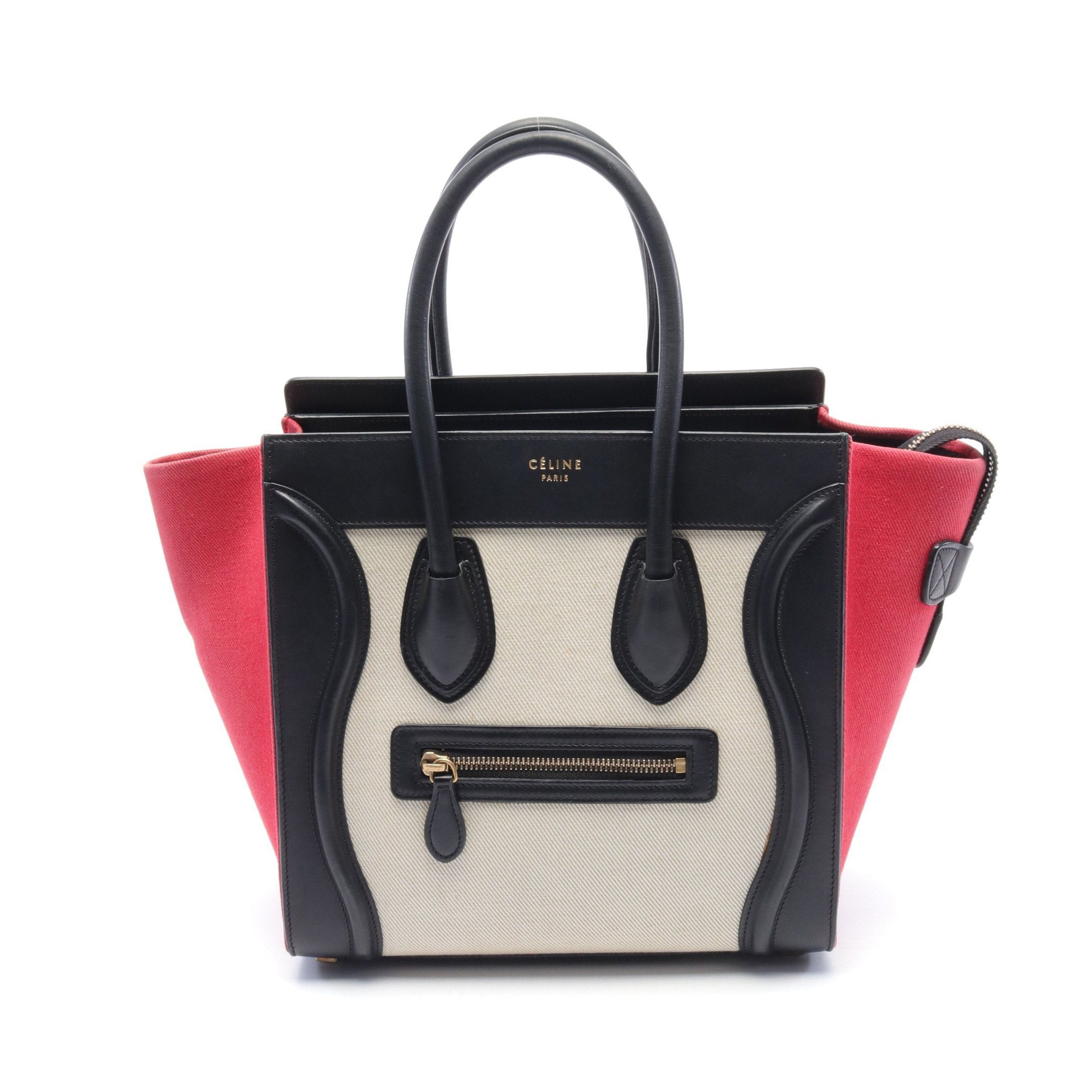 image of Celine Luggage Micro Shopper Handbag Tote Bag Canvas Leather Beige Red Black, Women's