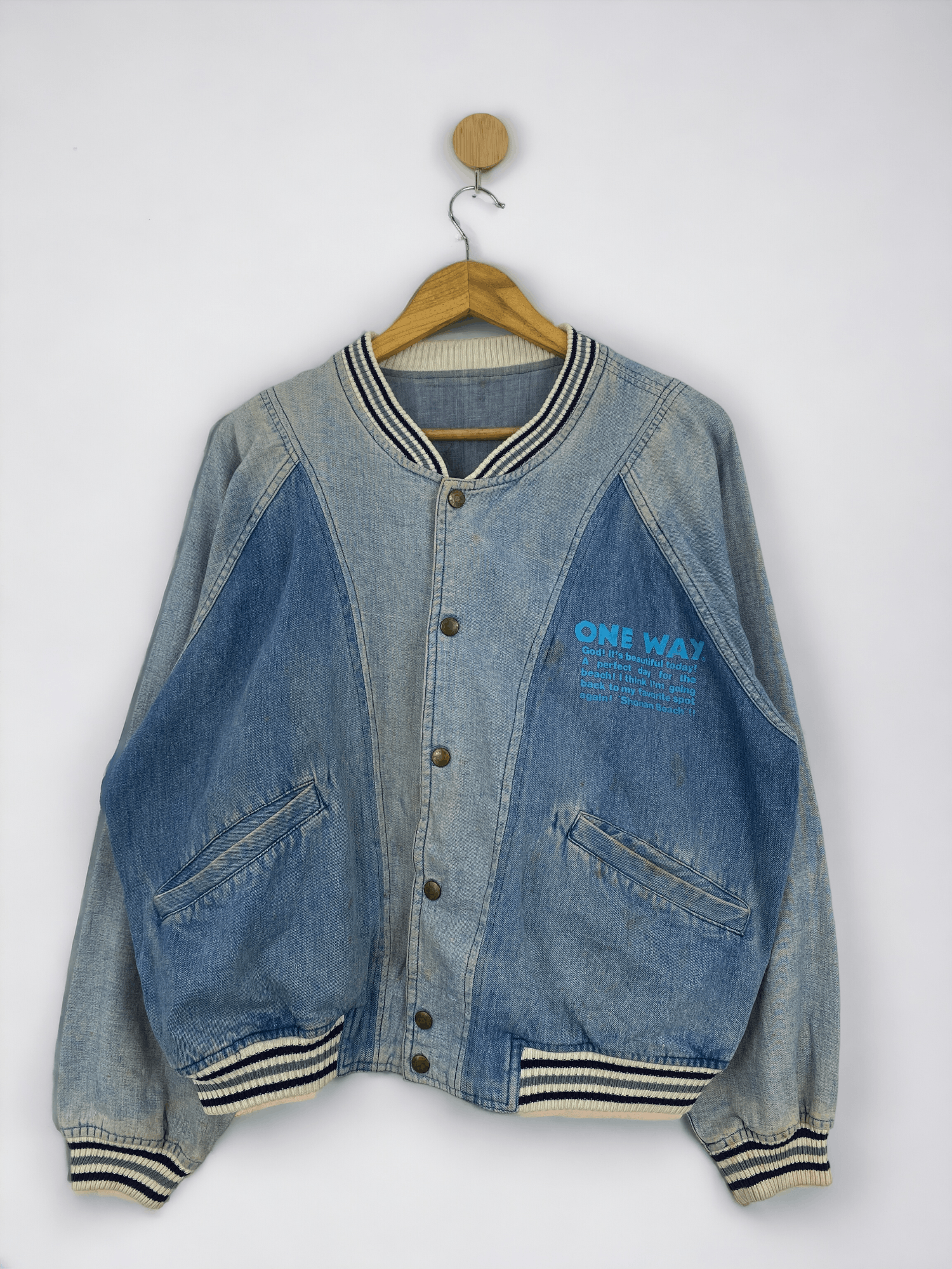 Japanese Brand Vintage 90s One Way Varsity Bomber Denim Jacket VA0005 Size US XL / EU 56 / 4 - 3 Thumbnail
