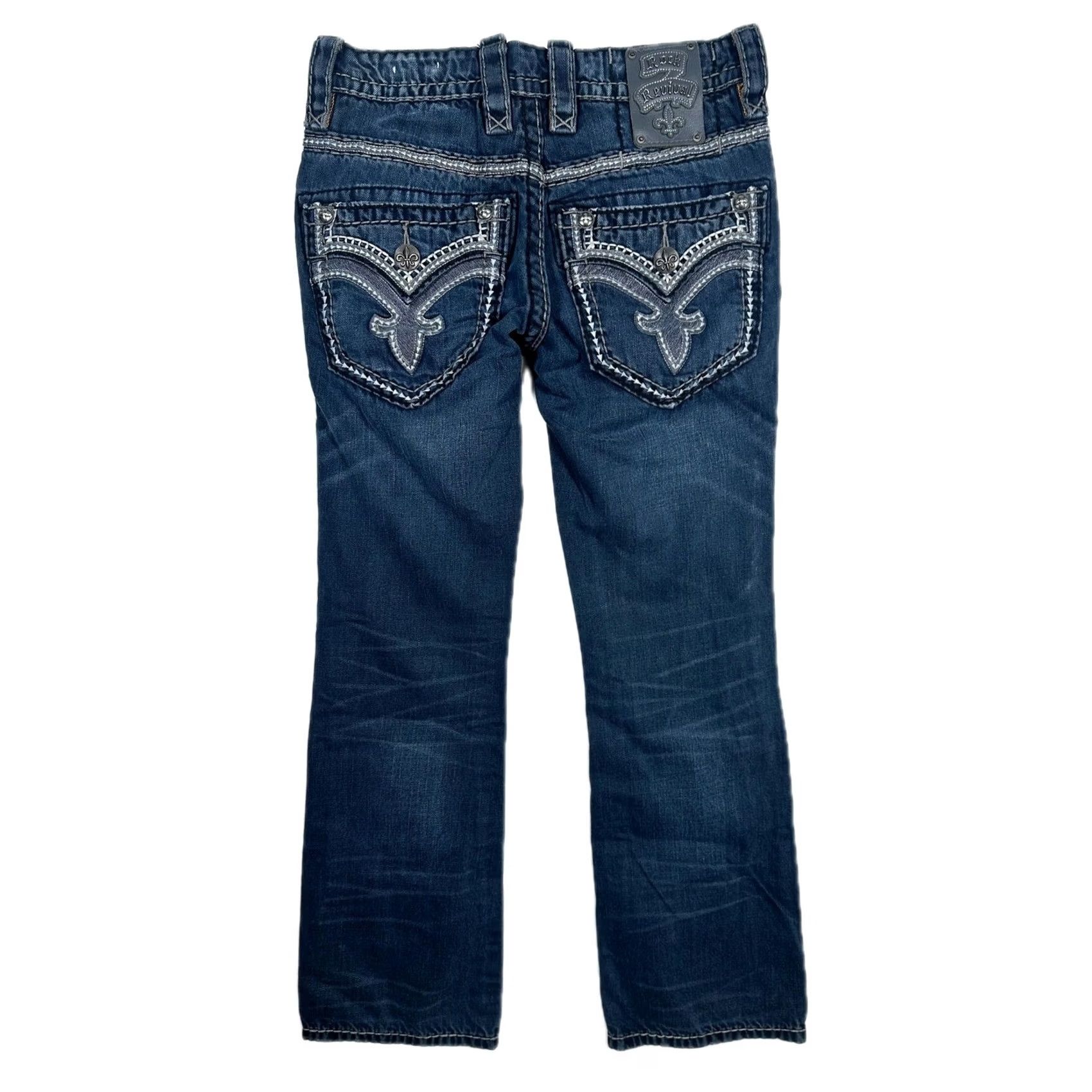 Vintage Rock Revival Jeans Bootcut Womens Rhinestone Embroidered Denim Size 28 Blue 5-Pocket Slim Rise Mid Inseam 36 Size 28" / US 6 / IT 42 - 2 Thumbnail
