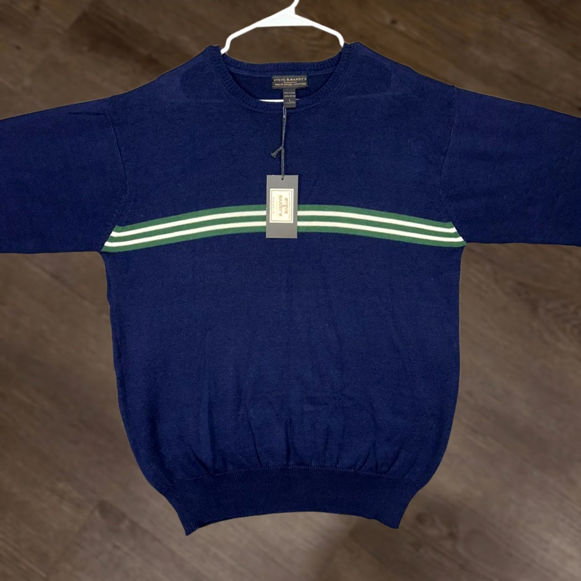 Vintage VINTAGE? No. Steve Barrys Crew Neck Sweater Mens Large Navy 2 Striped Pullover Knit Adult L Blue Cotton Size US L / EU 52-54 / 3 - 1 Thumbnail