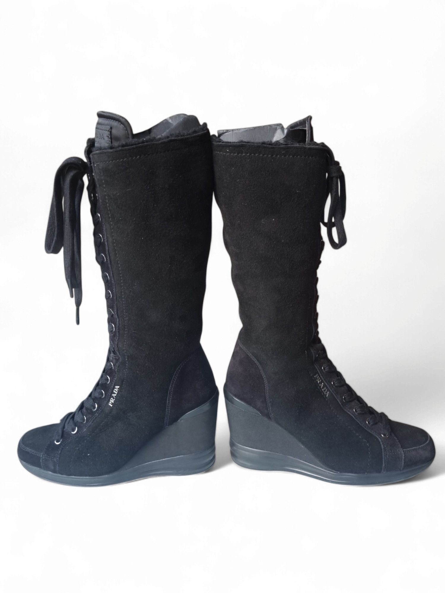 Prada Box Prada Suede Sheepskin Wedge Lace Up Leather Upper Boots Size US 6 / IT 36 - 14 Thumbnail