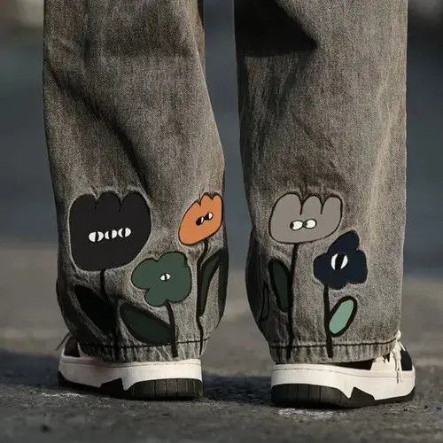 VIBE Y2K Flower Printed Baggy Jeans Size US 32 / EU 48 - 2 Thumbnail