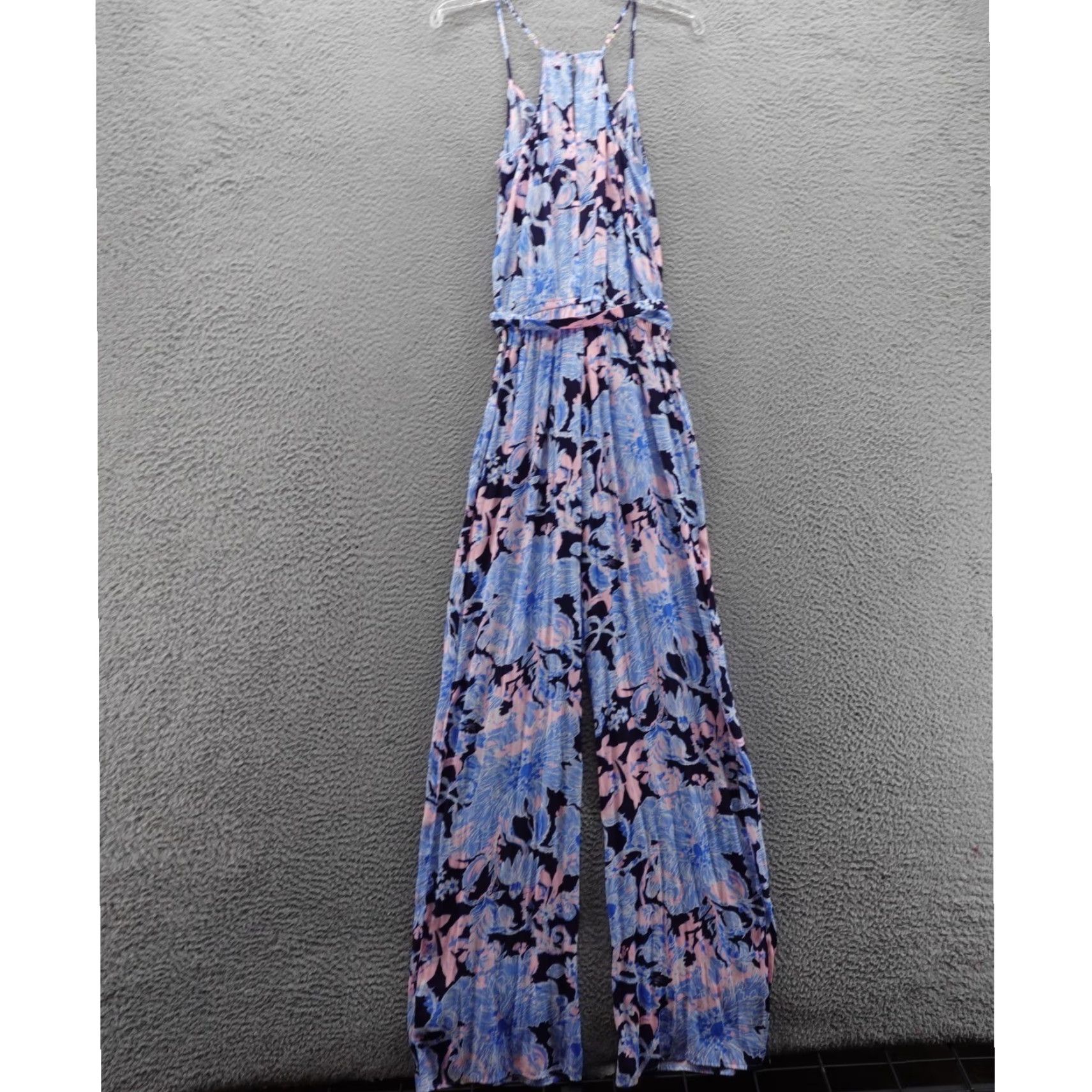 Lilly Pulitzer Jumpsuit One-Piece Wide Leg Women Sleeveless Floral Blue Pink XS Drawstring Resortwear Casual Party/Cocktail Travel