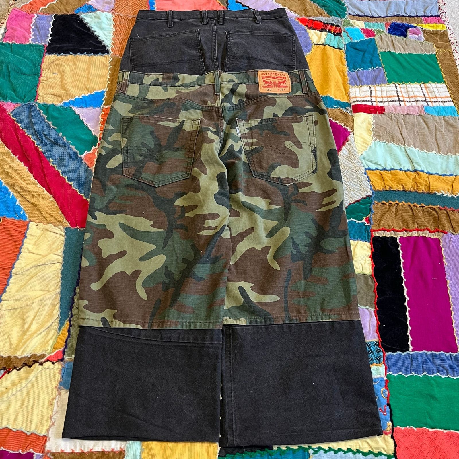 Other Upcycled False Sagging Black With Camo Baggy Work Pant 32x32 Size US 32 / EU 48 - 2 Thumbnail