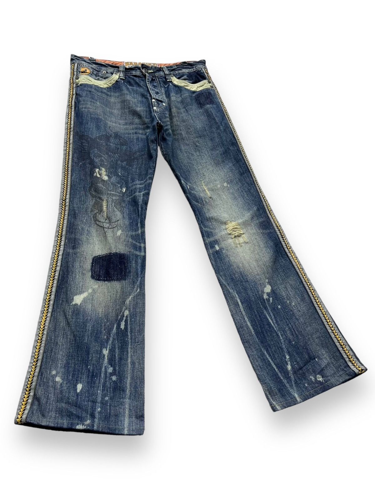 image of Le Grande Bleu L G B x Parasuco Punk Flareparasuco Denim Legend Distressed Tribal Jeans in Blue (Si