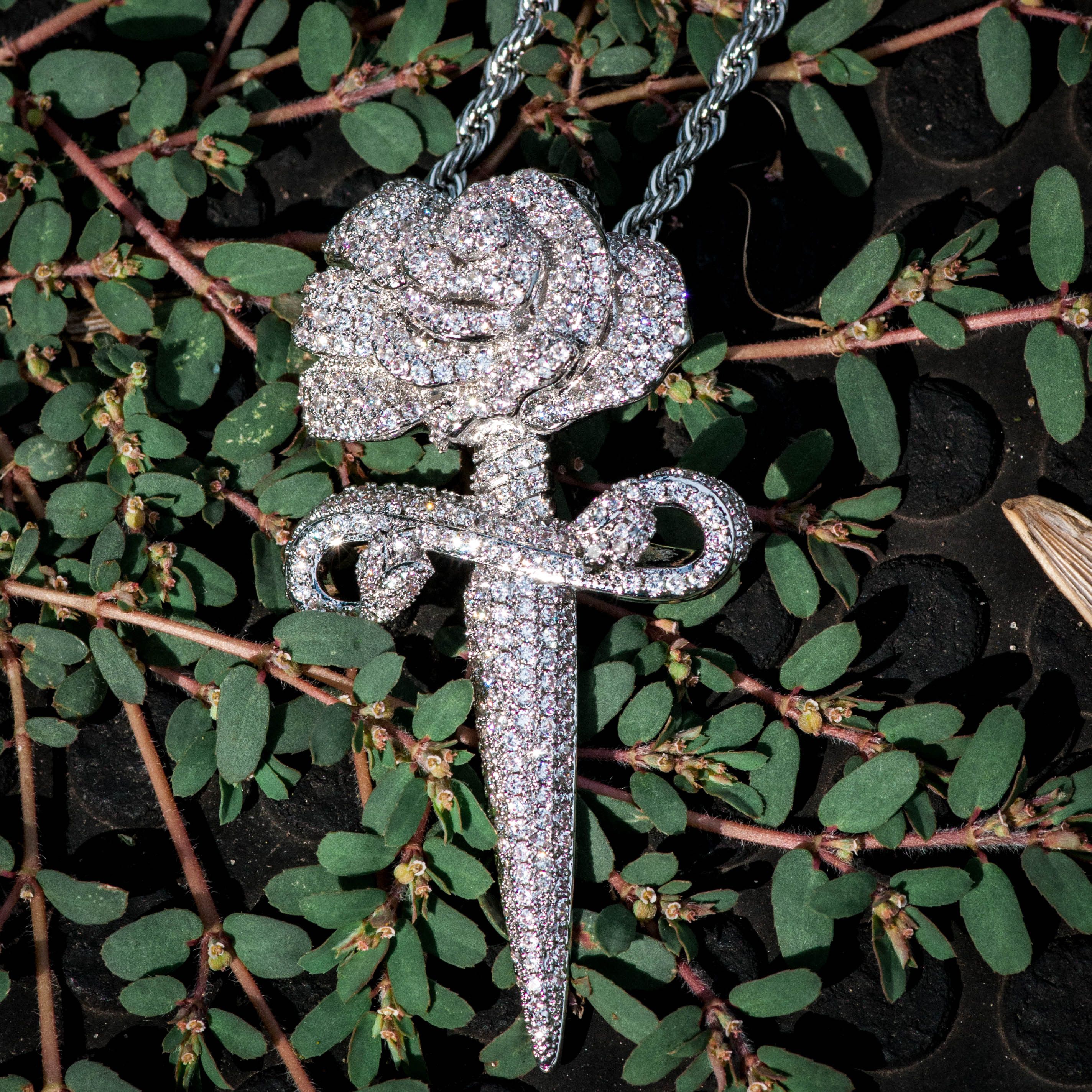 Other 18k White Gold Iced Out Diamond Rose Dagger Necklace Size ONE SIZE - 2 Thumbnail