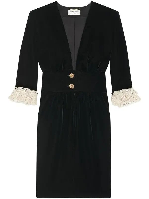 Saint Laurent Paris o1bcso1str0426 Lace Trim Midi Dress in Black Size S / US 4 / IT 40 - 1 Thumbnail
