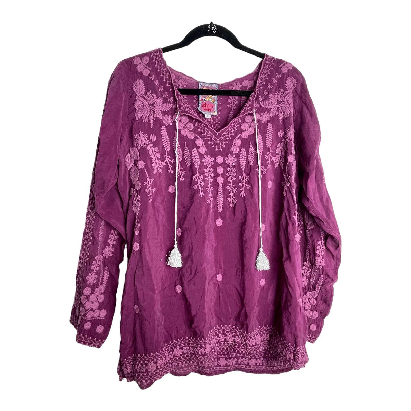 image of Johnny Was Santorini Embroidered Light Weight Summer Blouse in Purple Pink, Women's (Size Small)