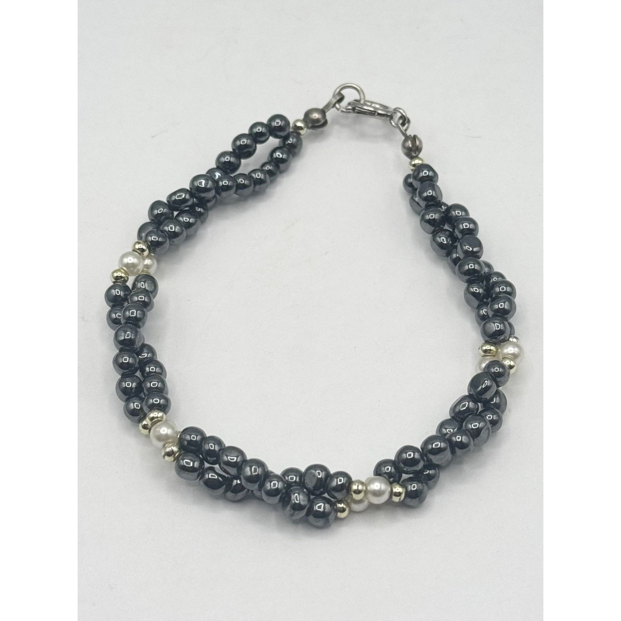 Vintage Vintage Hematite & Pearl Triple Strand Beaded Braided Bracel Size ONE SIZE - 1 Thumbnail