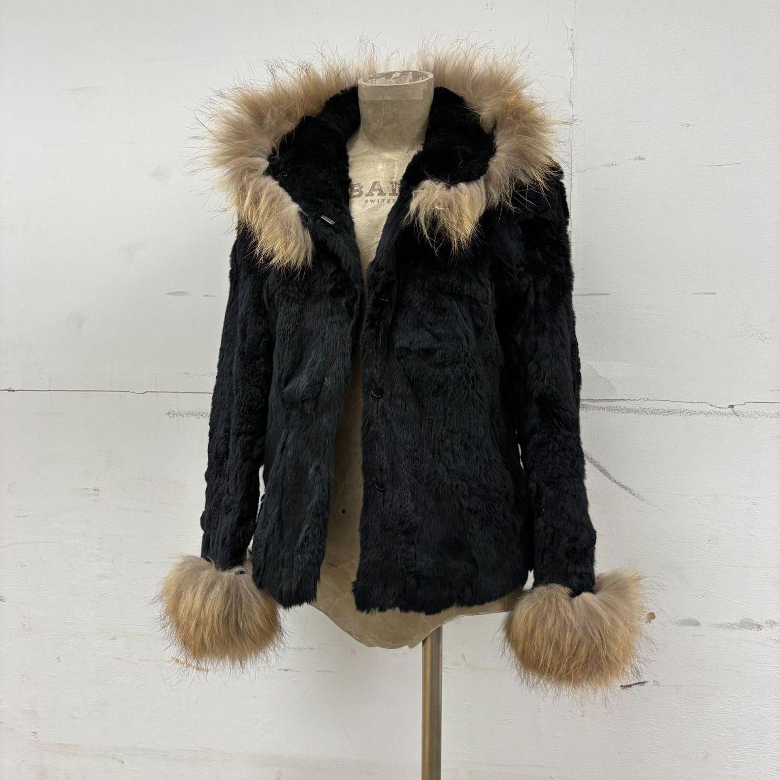 Other Vintage Y2K Jet Black Rabbit & Fox Fur Hooded Jacket Size S / US 4 / IT 40 - 1 Thumbnail