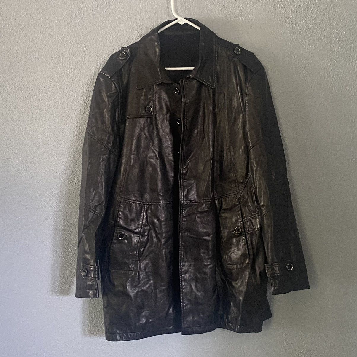 Vintage Langteng Black Leather Trench Coat Overcoat Men’s Size 5XL/L Size US L / EU 52-54 / 3 - 1 Thumbnail