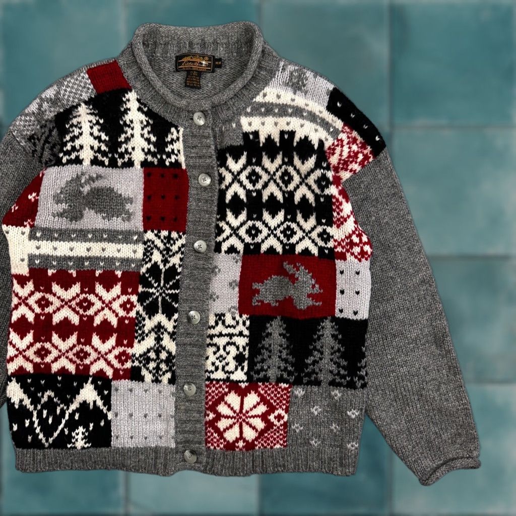 Eddie Bauer VINTAGE Eddie Bauer Cardigan Sweater M Gray Snowflake Nordic Patchwork Wool Womens Size M / US 6-8 / IT 42-44 - 1 Thumbnail