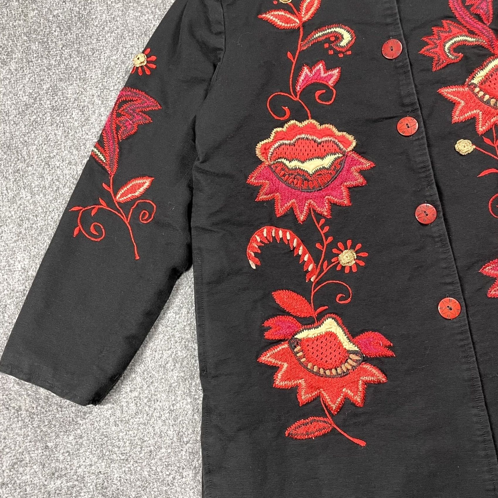 Vintage Indigo Moon Boho Jacket Large Black Red Gold Embroidery Cotton Asian Duster Coat Women Size L / US 10 / IT 46 - 3 Thumbnail