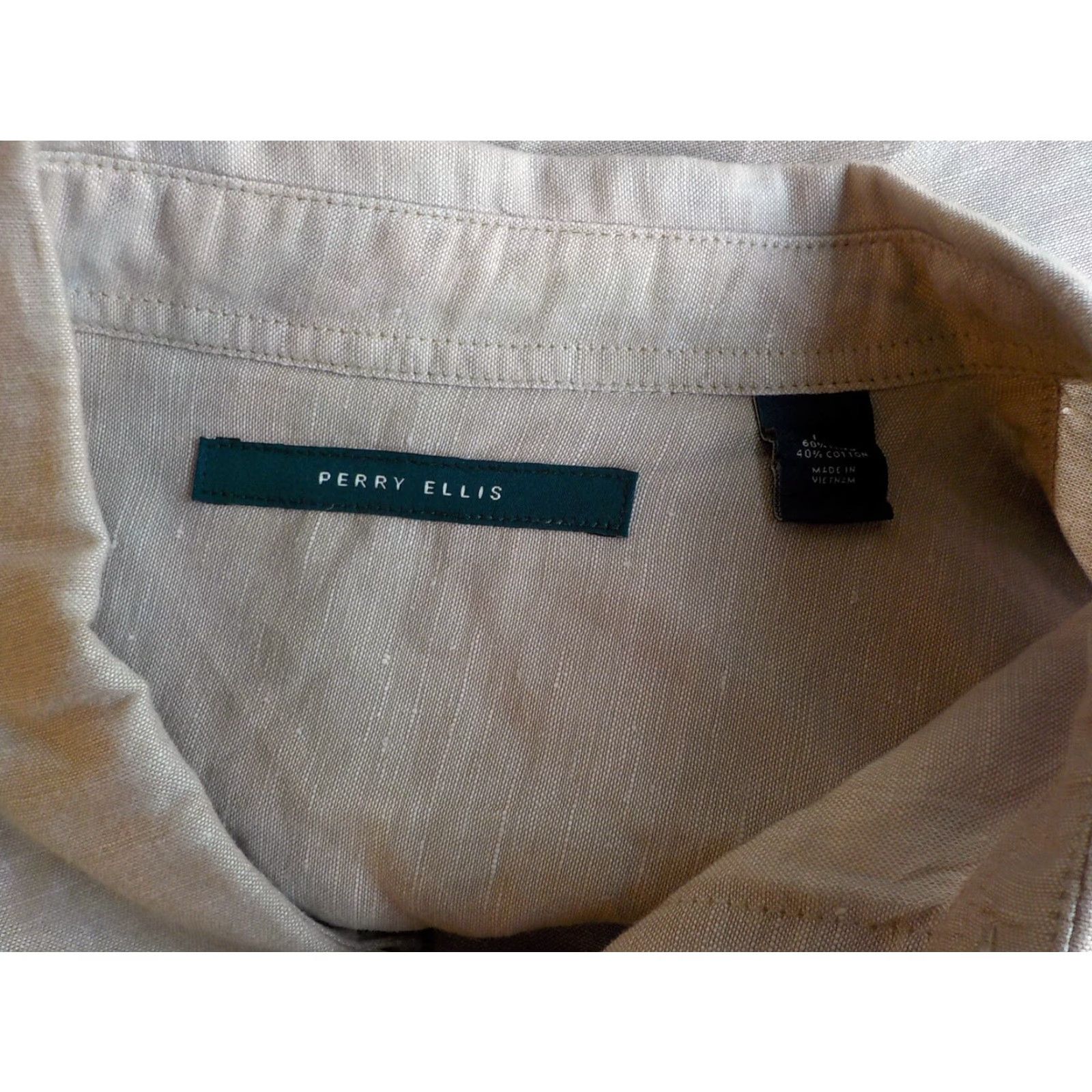 Perry Ellis PERRY ELLIS LS Button Front Chest Pockets Shirt Beige Linen Blend SZ LARGE Mens Size US L / EU 52-54 / 3 - 4 Thumbnail