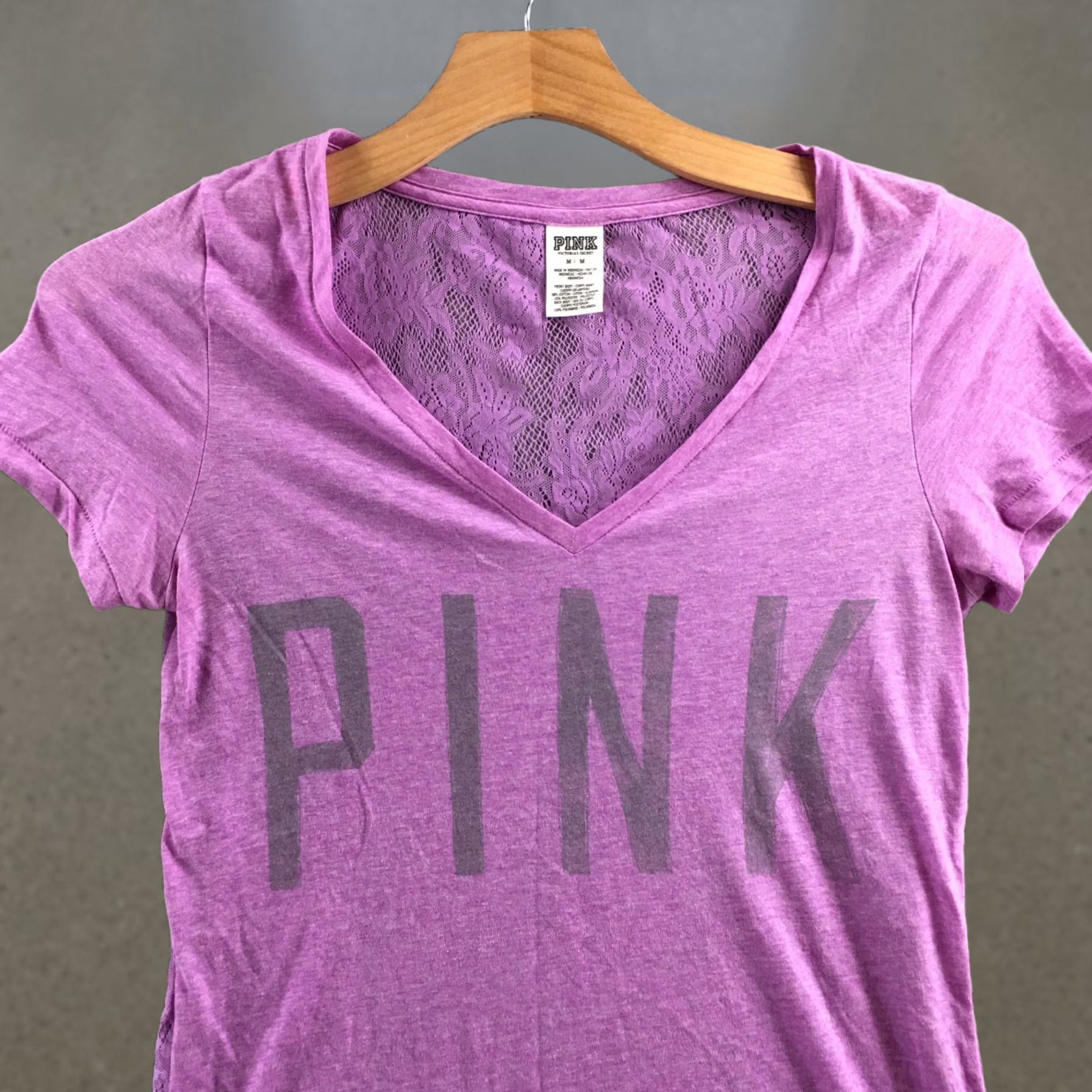 Victoria's Secret Victoria's Secret PINK Top Womens M Purple V-Neck Tee Lace Back Graphic Logo Shirt Size M / US 6-8 / IT 42-44 - 1 Thumbnail