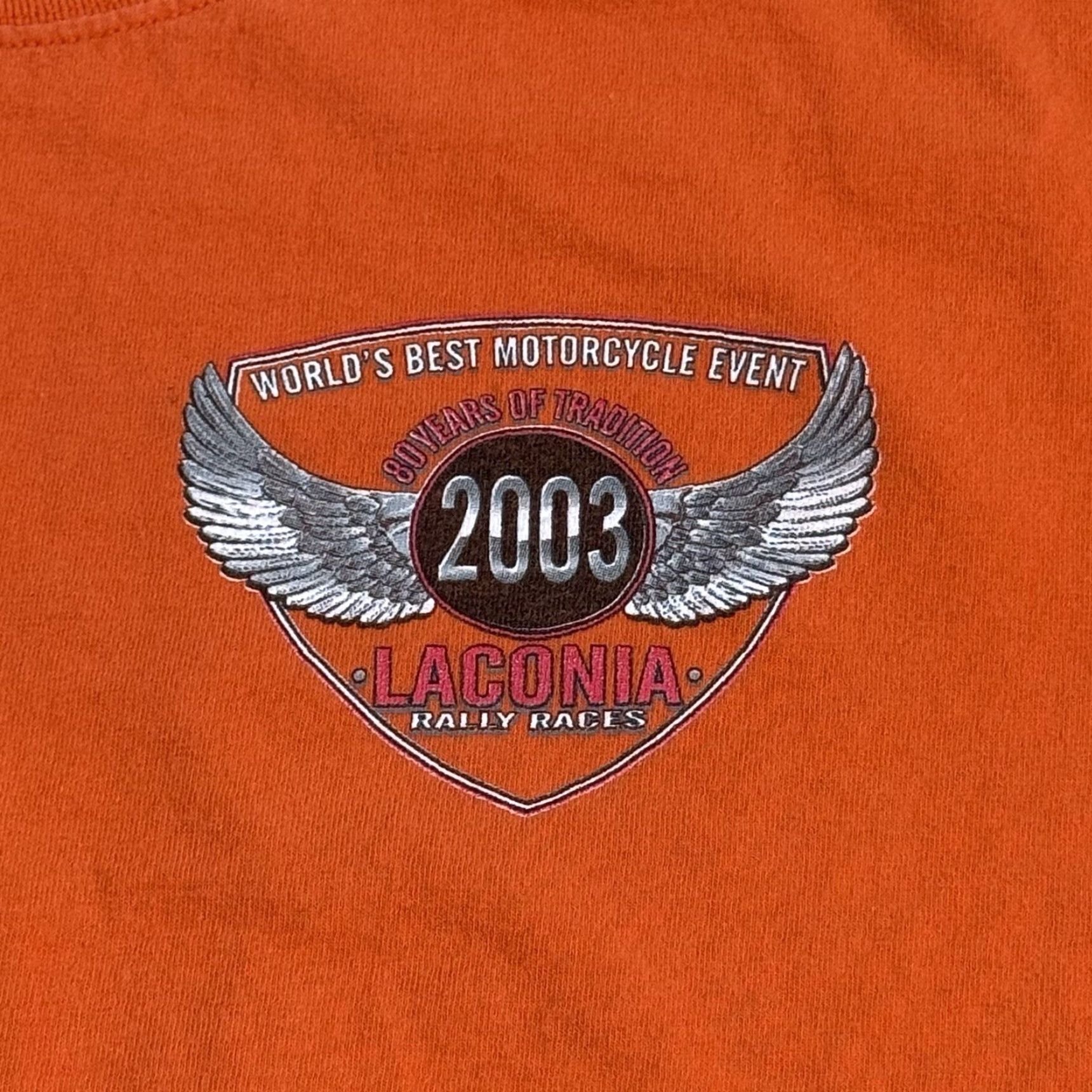 Vintage VINTAGE All Sport T-Shirt 90s Laconia Motorcycle Week Mens XL Orange Short Sleeve Crew Neck 1990s 1999 Flaming Skeleton Bike Rider Size US XL / EU 56 / 4 - 2 Thumbnail