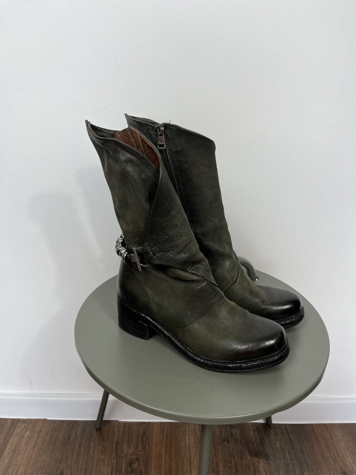 A.S.98 A.S.98 Leather Boots Green Women EU 38 Biker Buckle Zip Size US 7 / IT 37 - 1 Thumbnail