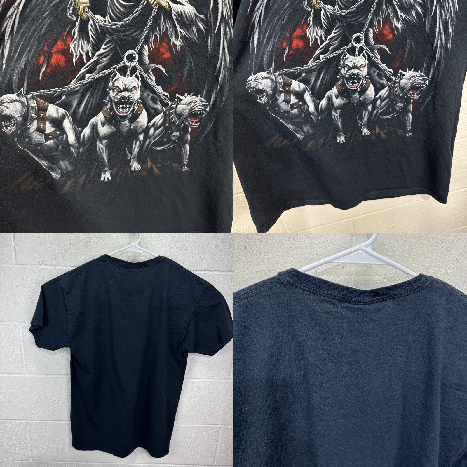 Fruit Of The Loom VINTAGE Fruit of the Loom Gothic Skull Horseman Death Dog T-Shirt Adult Large Black Graphic Tee All Seasons Size US L / EU 52-54 / 3 - 8 Thumbnail