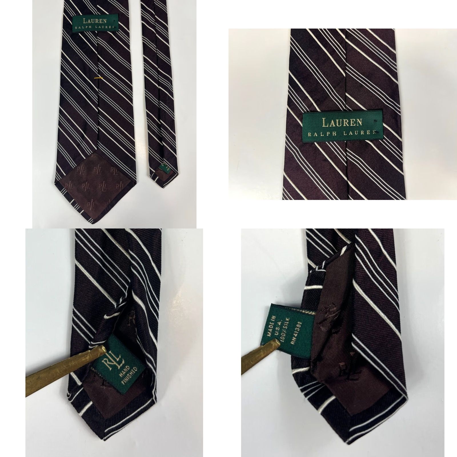 Ralph Lauren VINTAGE Lauren Ralph Lauren Silk Tie Striped Hand Finished 100% Silk Made in USA Eggplant Wide 3.75" 58" Men’s Tie Mens Size ONE SIZE - 8 Thumbnail