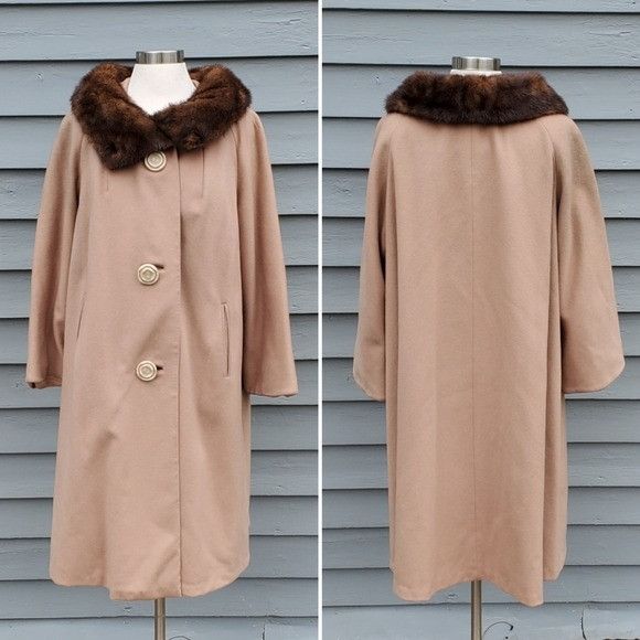 Vintage Vintage 50s 60s Jackie O Kennedy Tan Wool Brown Mink Coat Size XL / US 12-14 / IT 48-50 - 1 Thumbnail