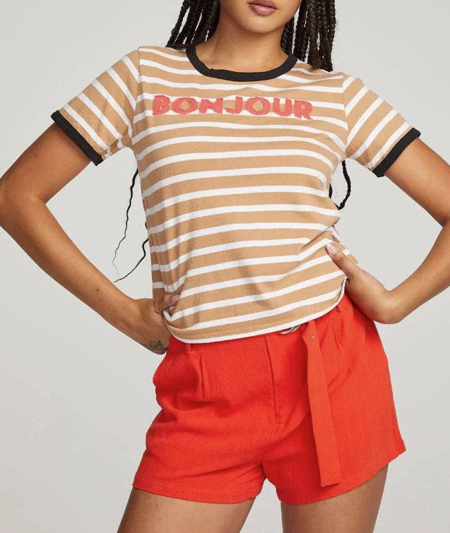 Chaser Brand Chaser Striped Bonjour Tee Brown / White ( XS ) Size XS / US 0-2 / IT 36-38 - 1 Thumbnail