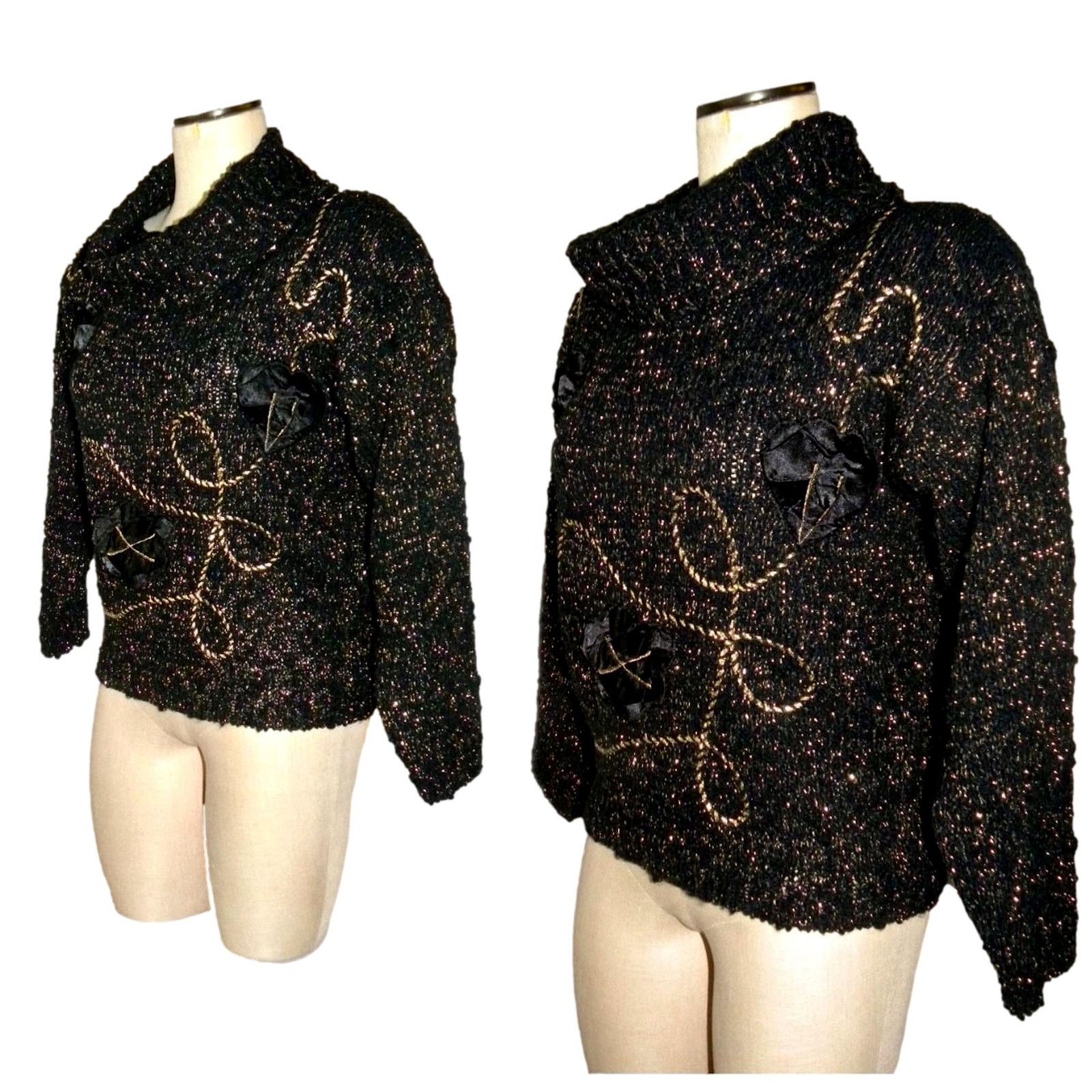 Vintage 80s Black & Gold Lurex Metallic COWL Neck Sweater Size XS / US 0-2 / IT 36-38 - 8 Thumbnail