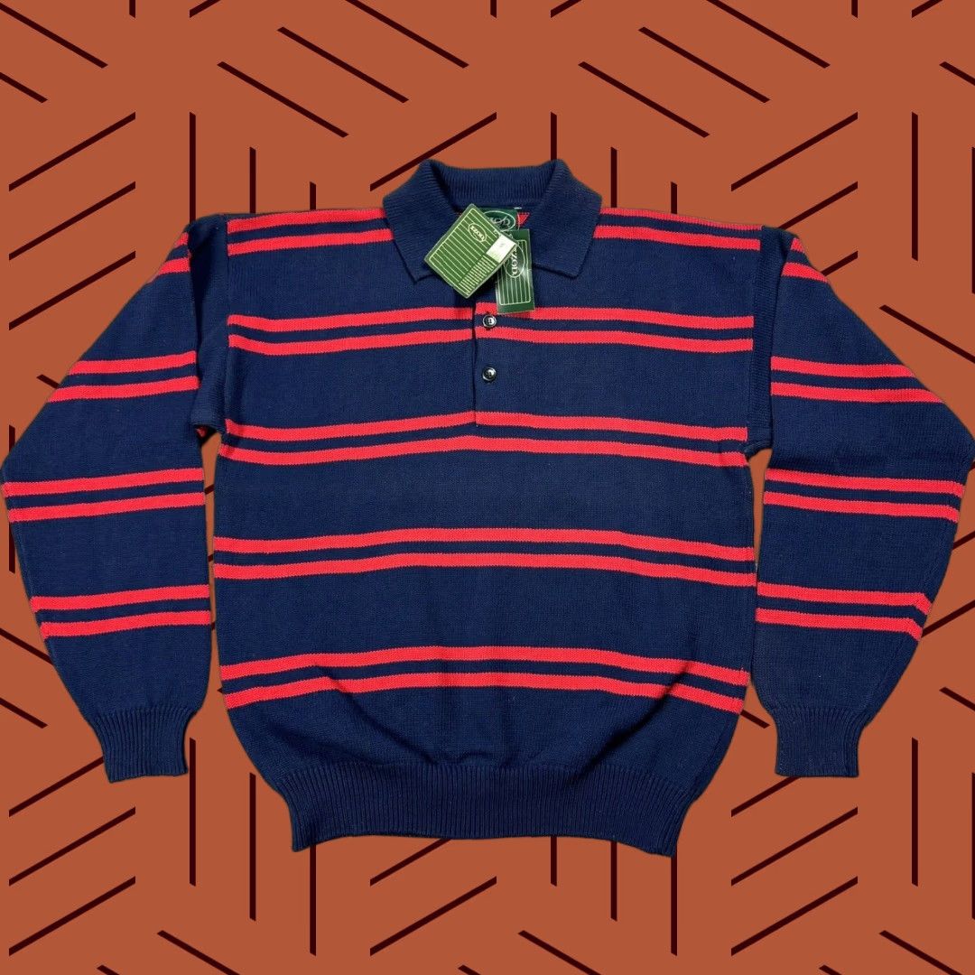 Izod VINTAGE IZOD 80s RUGBY Cotton Striped Collared Sweater Men's Medium Navy Red All Seasons Size US M / EU 48-50 / 2 - 1 Thumbnail