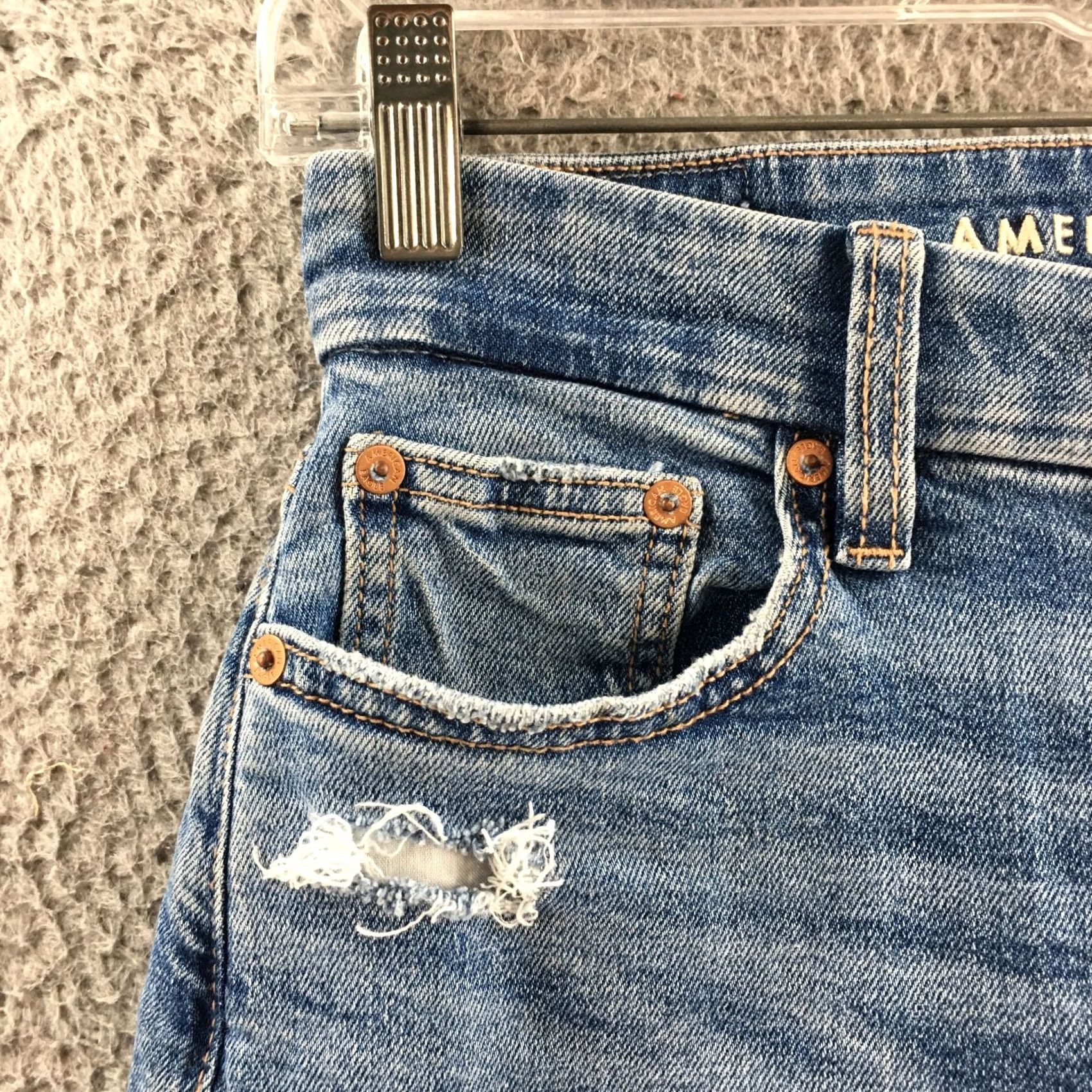 Vintage American Eagle Slim Straight Jeans Womens 00 Blue Distressed Mid Rise Zip Fly Jeans Size 24" / US 00 / IT 34 - 3 Thumbnail