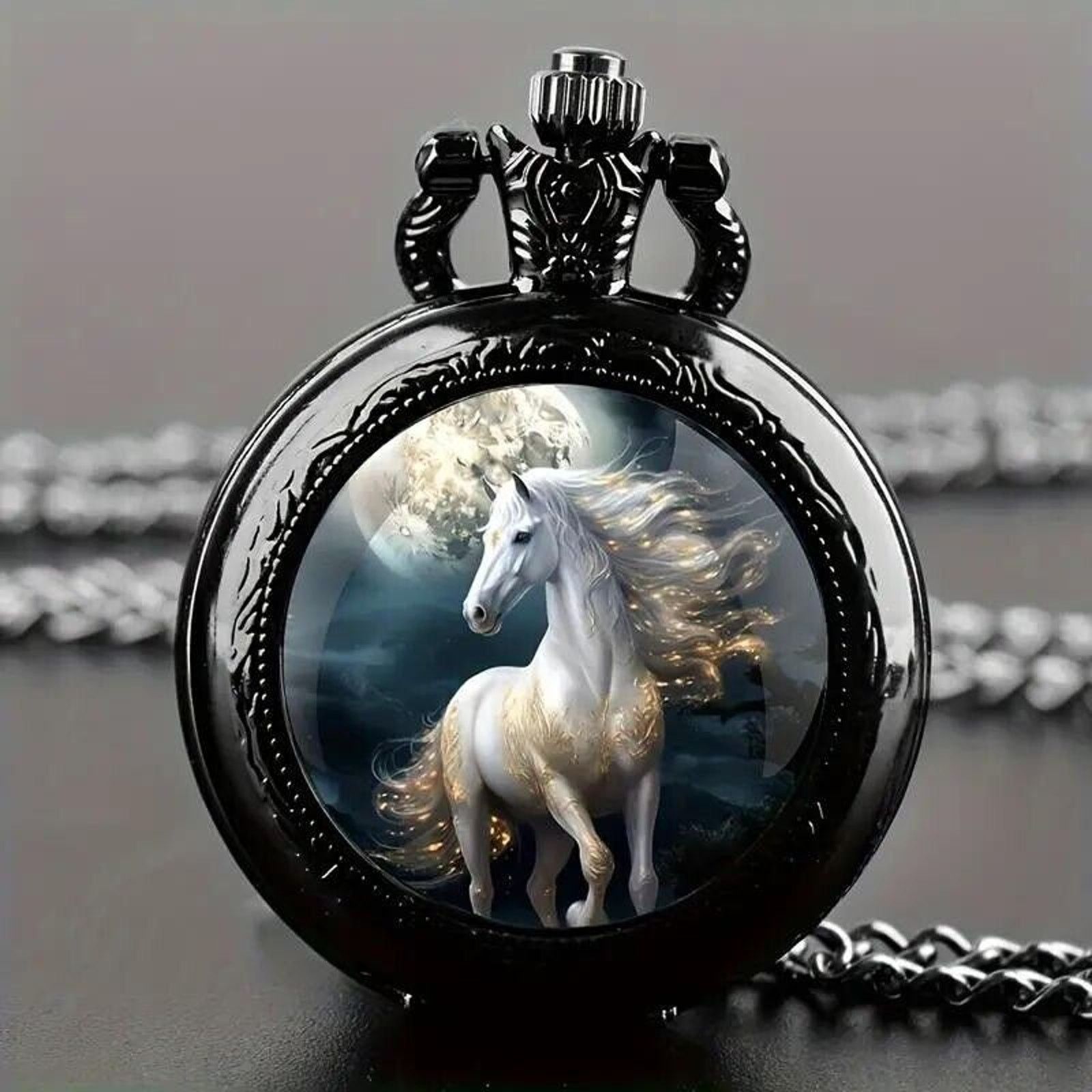Other White Arab Horse Quartz Pocket Watch • Flowing Mane • Moon Size ONE SIZE - 2 Thumbnail