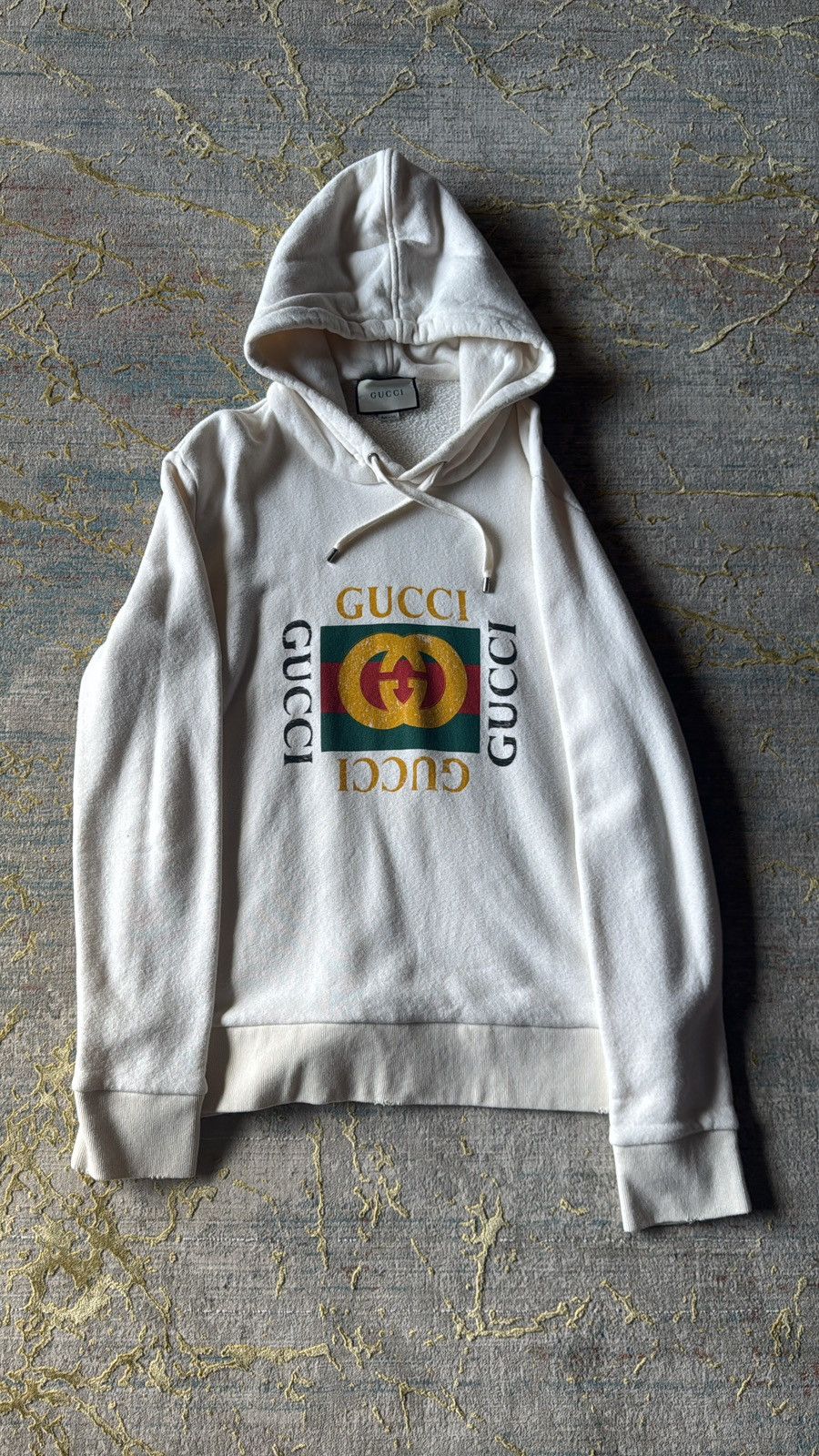 Gucci Box Logo Distressed Cream Hoodie