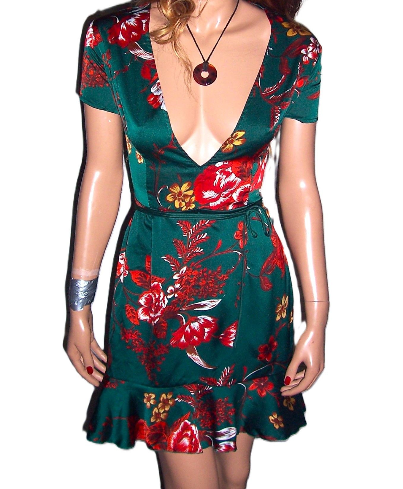 green floral dress pretty little thing Borrowed Hearts Floral Ruffles Plunge Neckline Mini Dress L main image 1