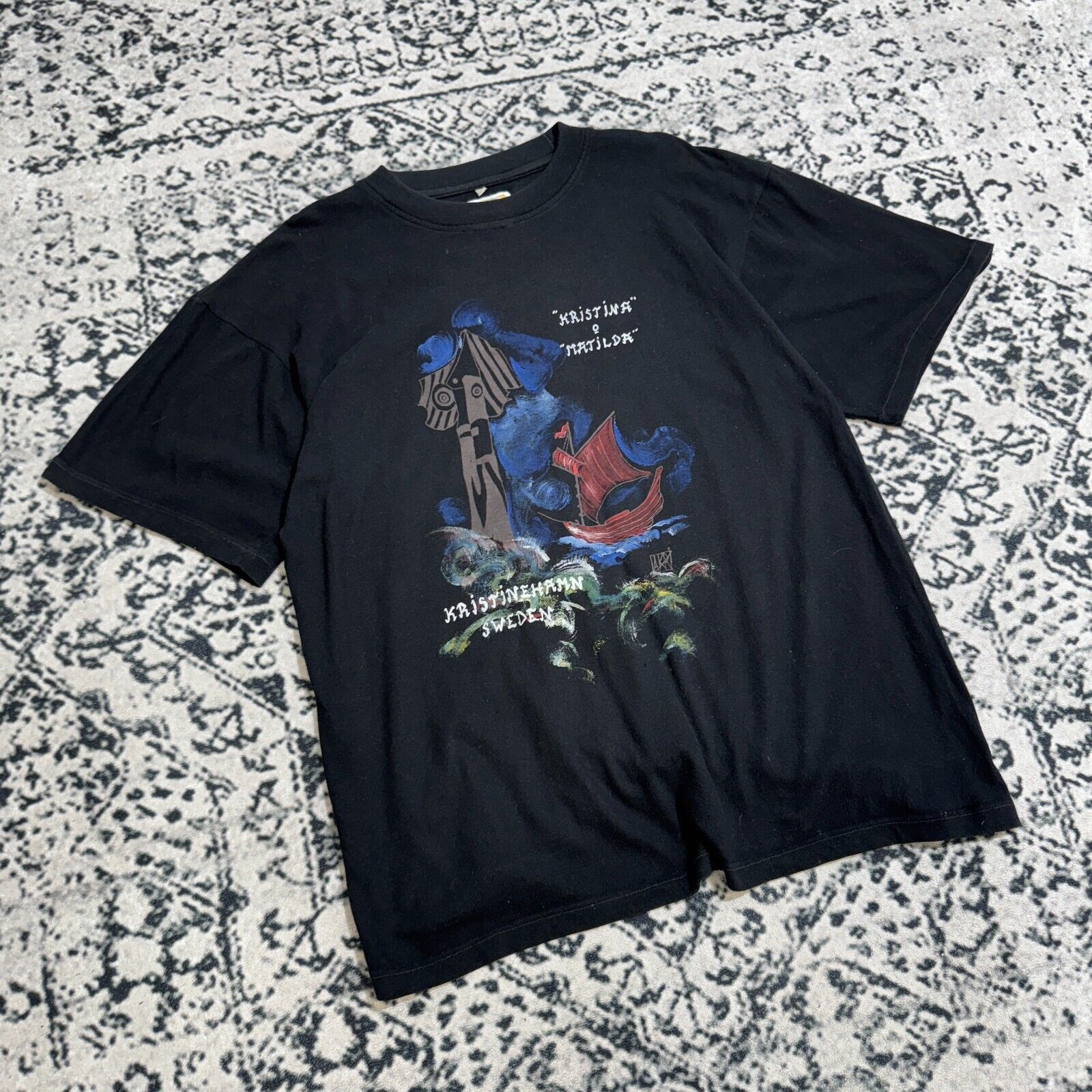 Vintage Black Cotton T-Shirt Size L Christina Matilda Art Sweden Size US L / EU 52-54 / 3 - 3 Thumbnail