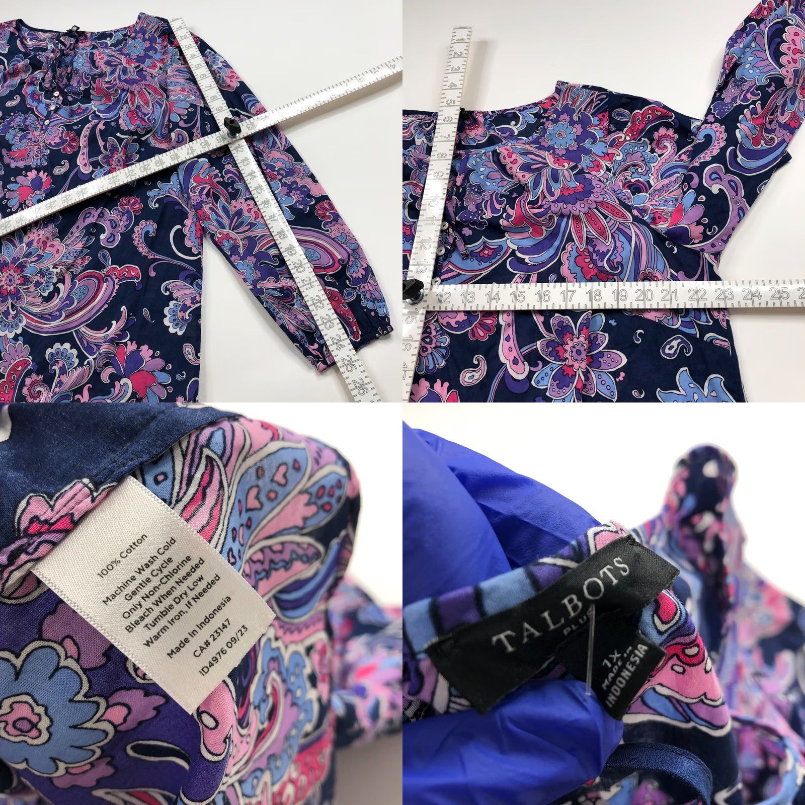Talbots Talbots Plus 1X Paisley Smock Popover Pullover Button Top Blouse Blue MINT Shirt Womens 1X Paisley Long Sleeve Scoop Neck Button Accent Casual Blouse Size XL / US 12-14 / IT 48-50 - 8 Thumbnail